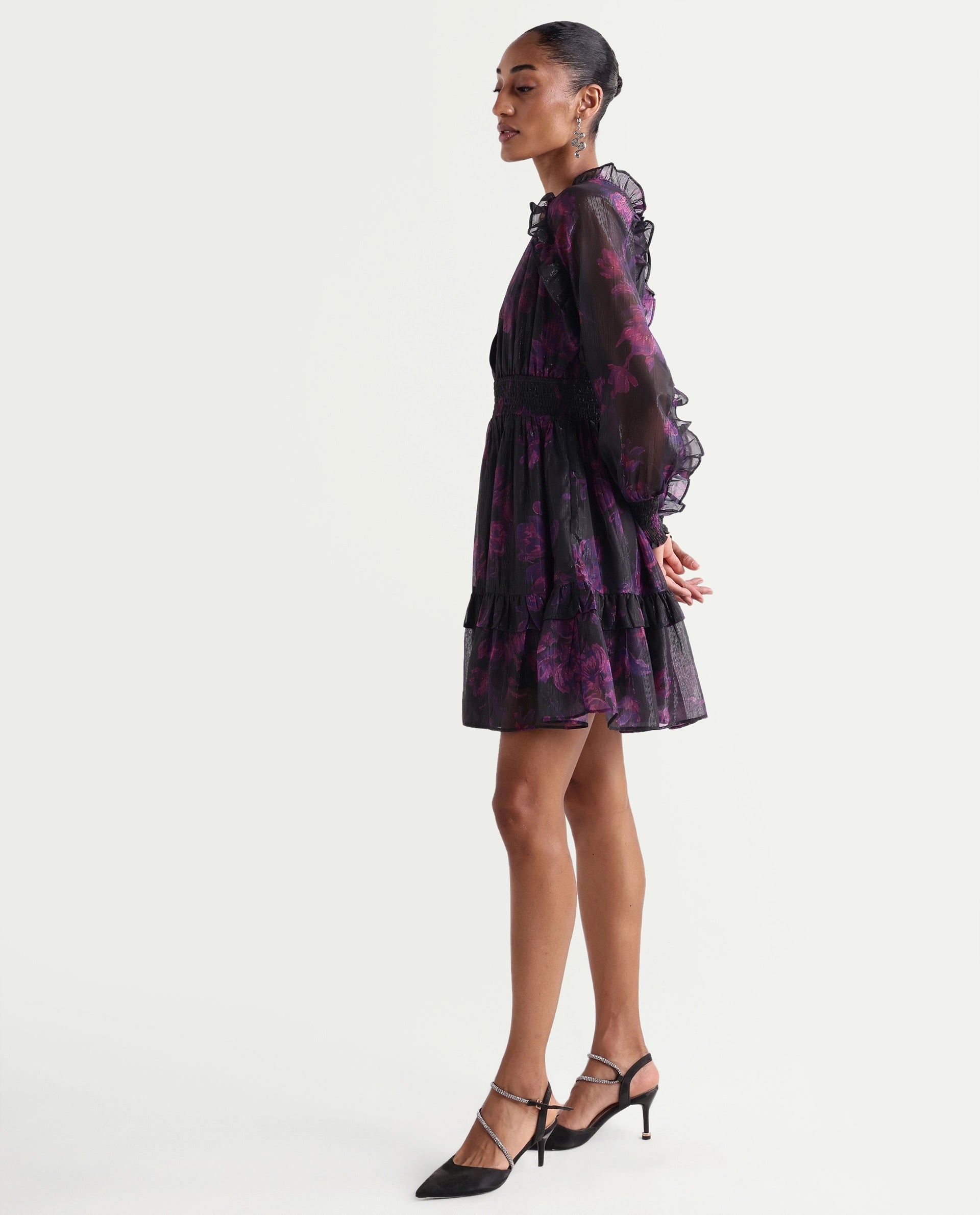 Rareism Women's Peton Black Polyester V-Neck Fit And Flare Floral Print Dress