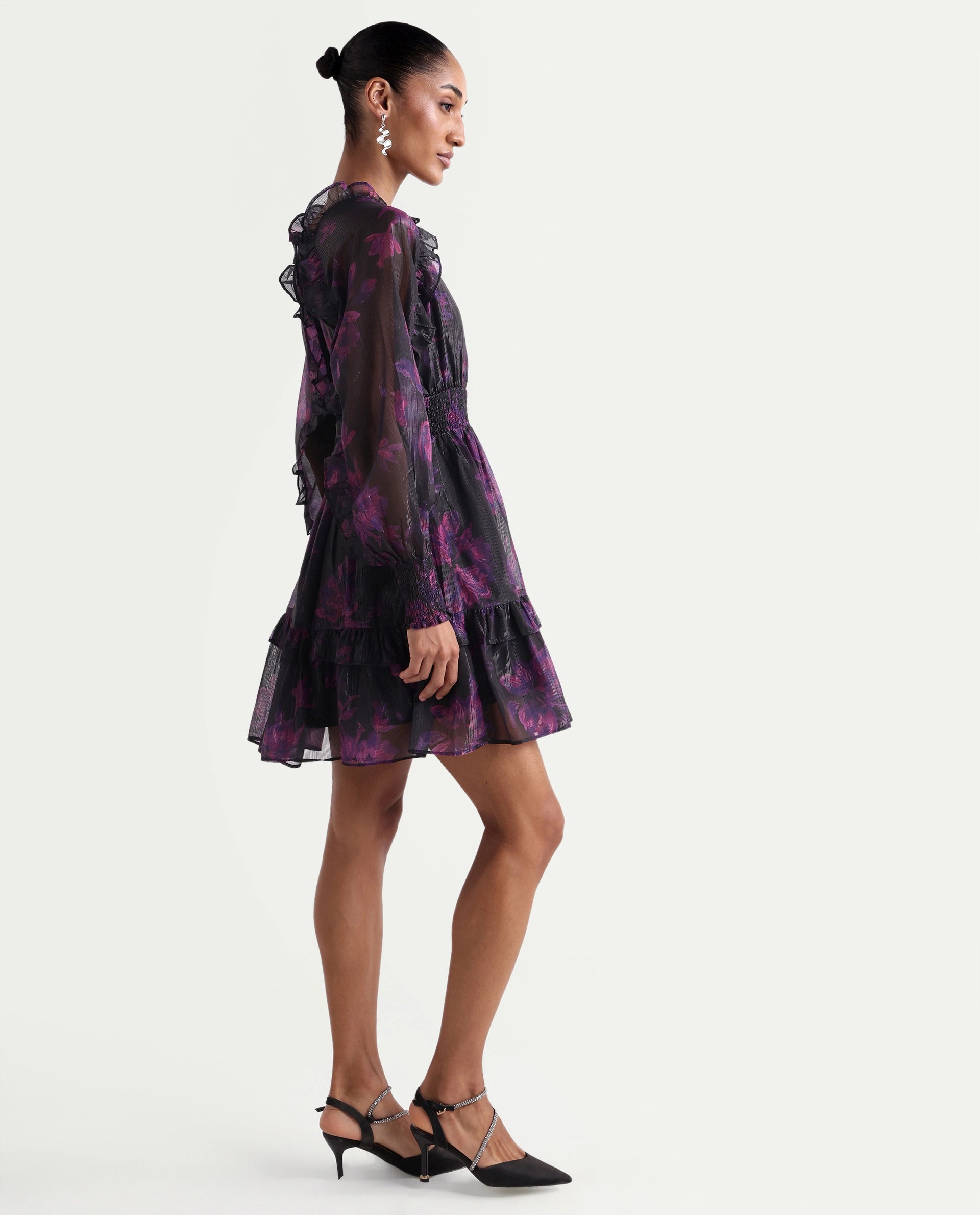 Rareism Women's Peton Black Polyester V-Neck Fit And Flare Floral Print Dress