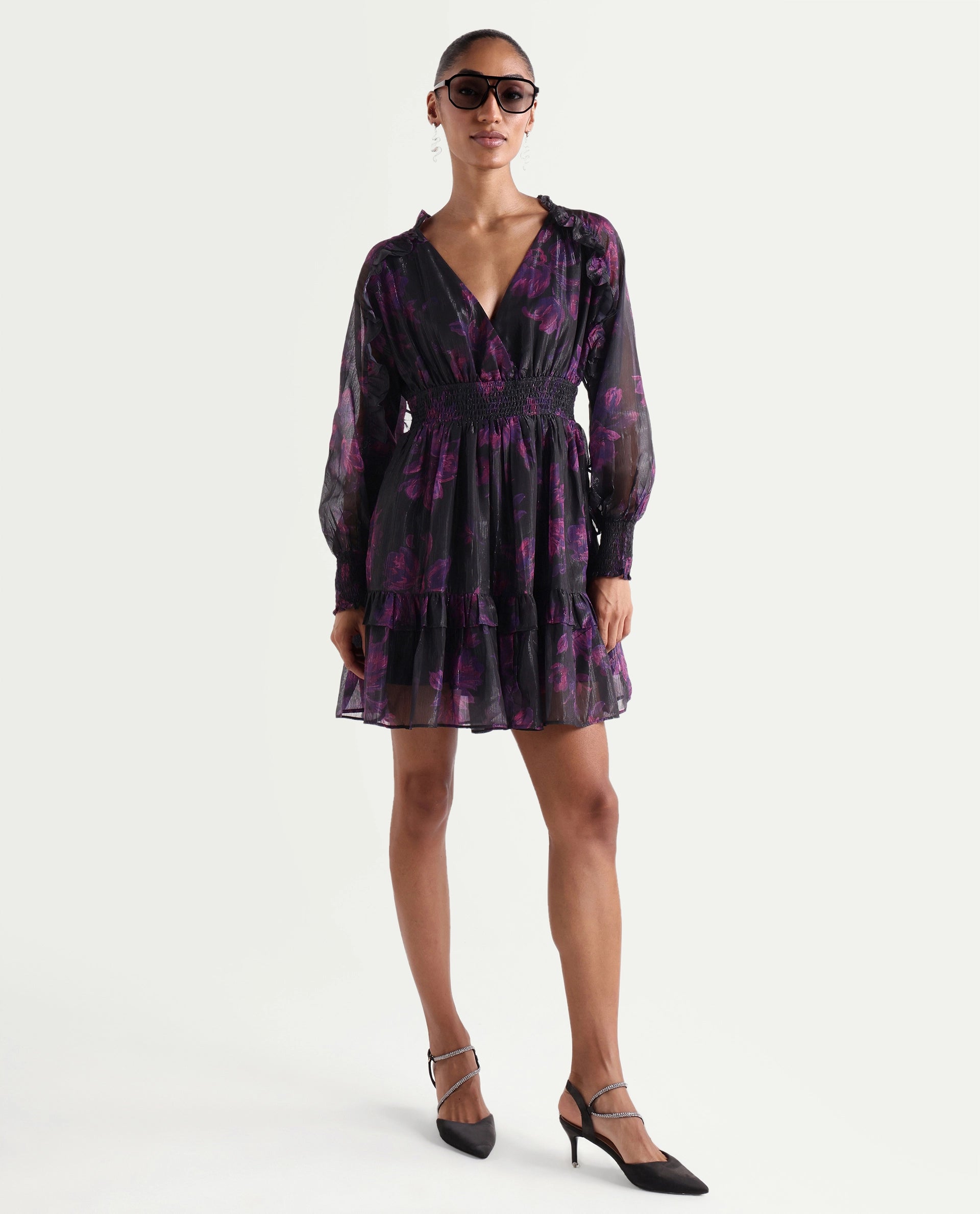 Rareism Women's Peton Black Polyester V-Neck Fit And Flare Floral Print Dress