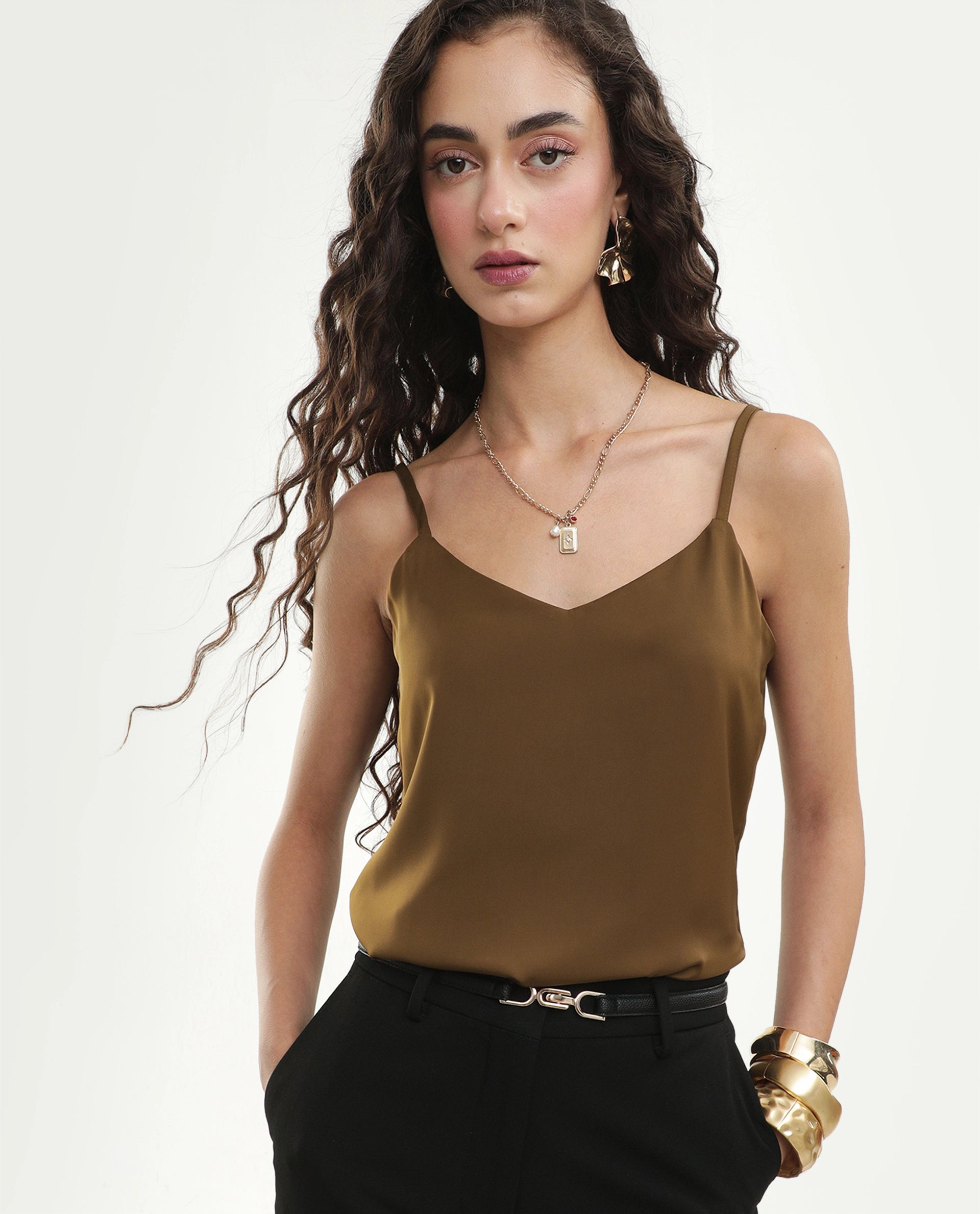 Rareism Women's Petsly Dark Gold Plain Polyester Cami Sleeveless Top