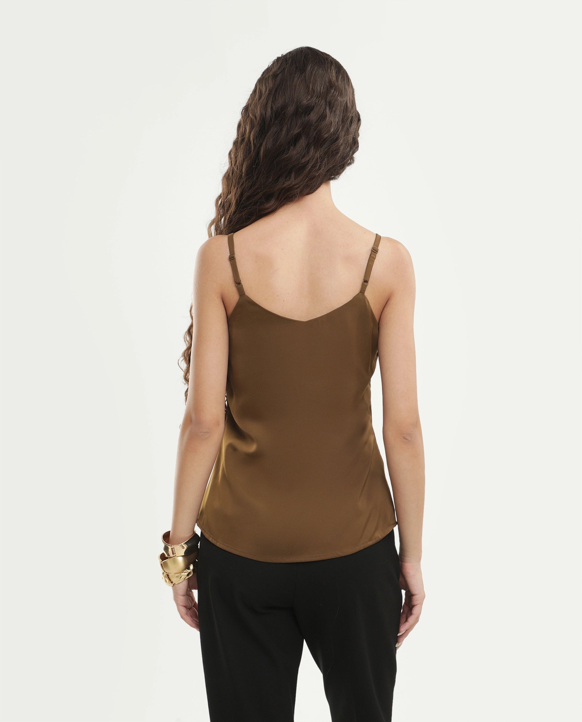 Rareism Women's Petsly Dark Gold Plain Polyester Cami Sleeveless Top