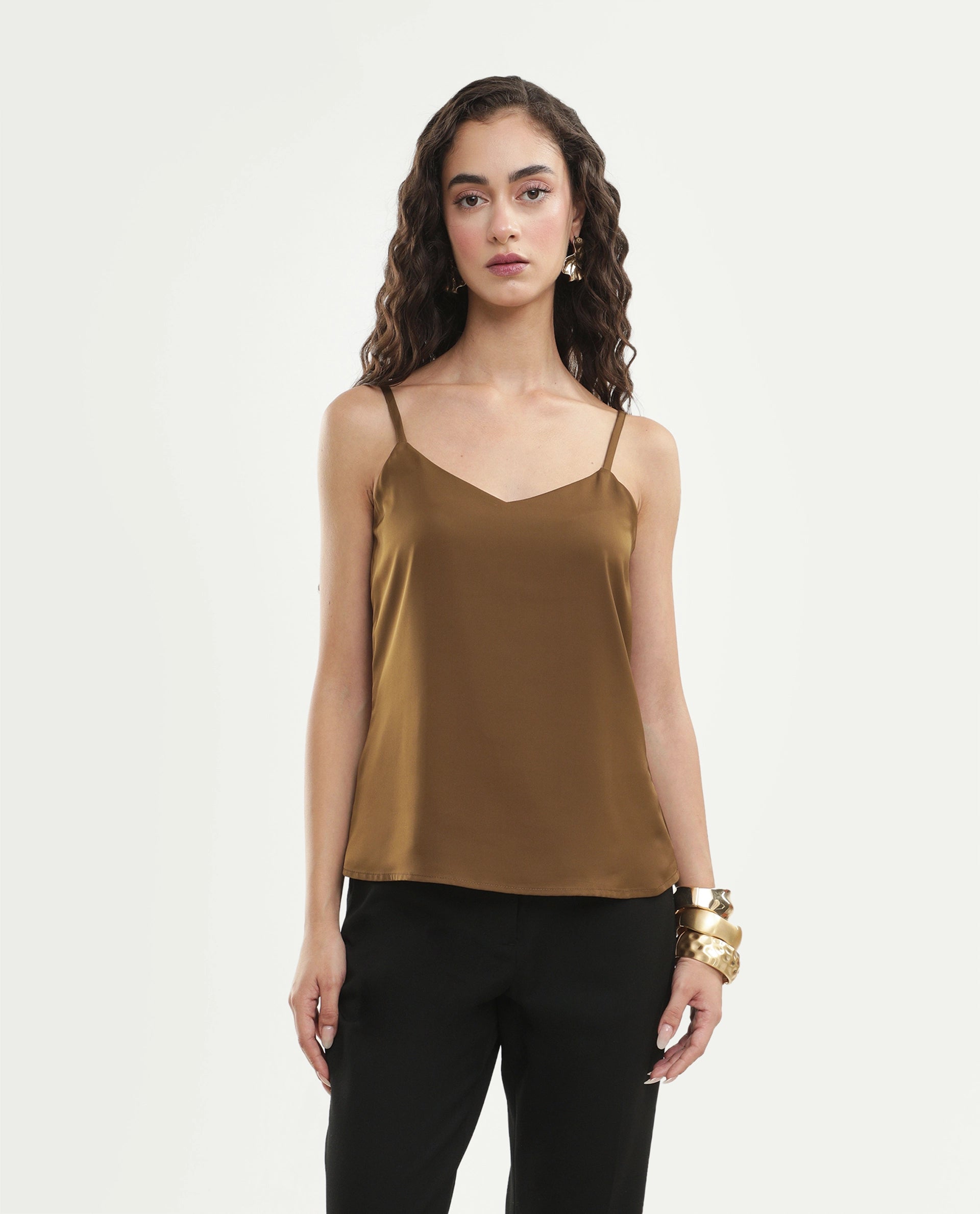 Rareism Women's Petsly Dark Gold Plain Polyester Cami Sleeveless Top