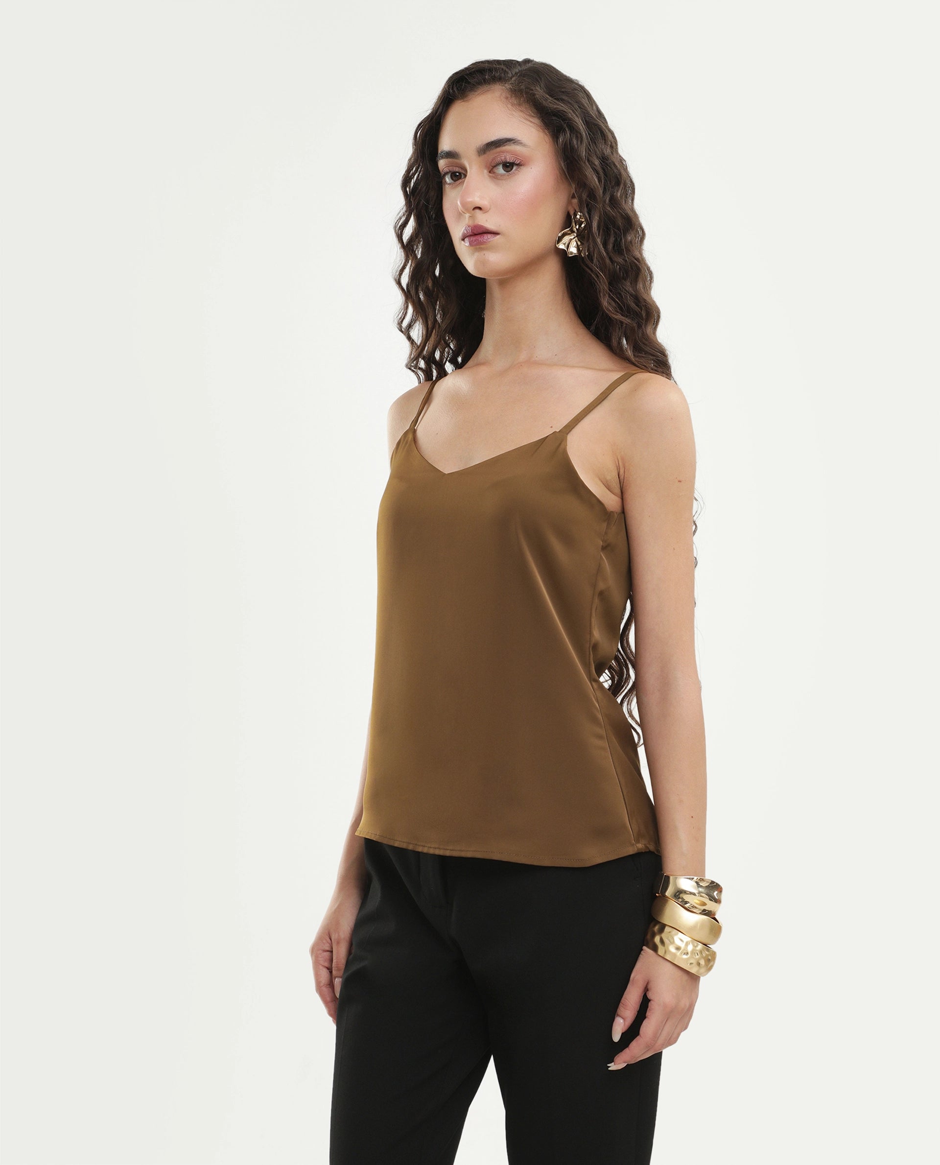 Rareism Women's Petsly Dark Gold Plain Polyester Cami Sleeveless Top