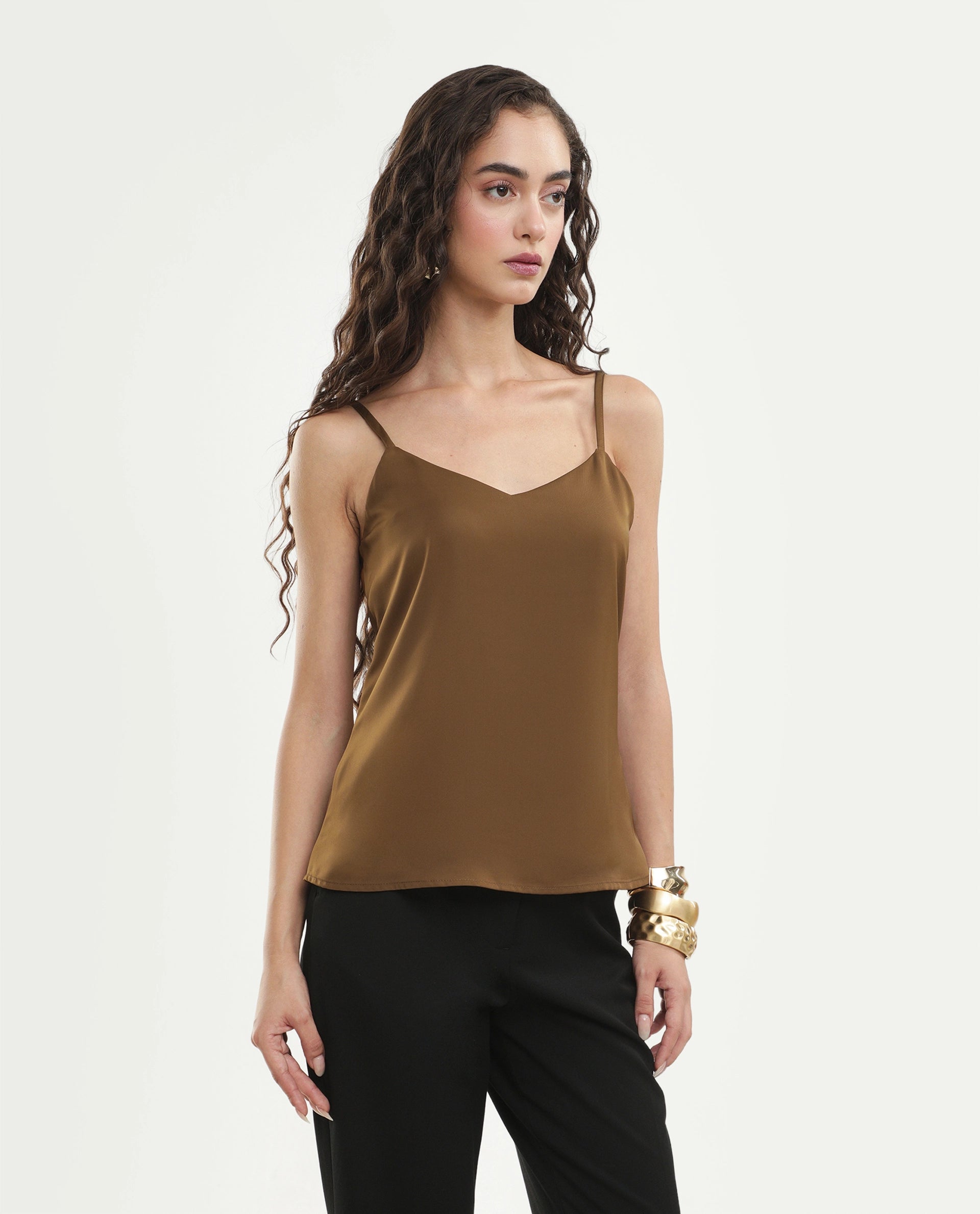 Rareism Women's Petsly Dark Gold Plain Polyester Cami Sleeveless Top