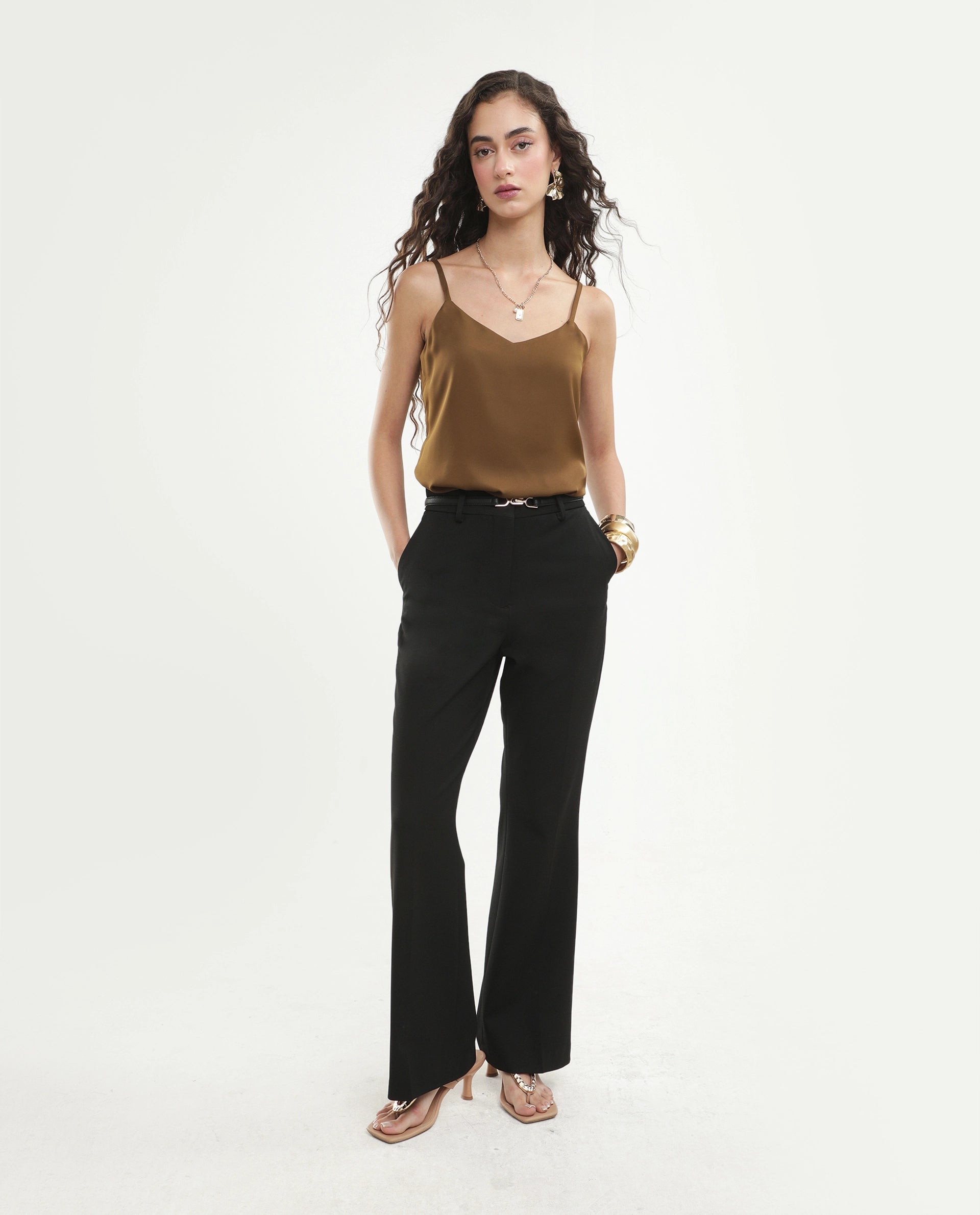 Rareism Women's Petsly Dark Gold Plain Polyester Cami Sleeveless Top