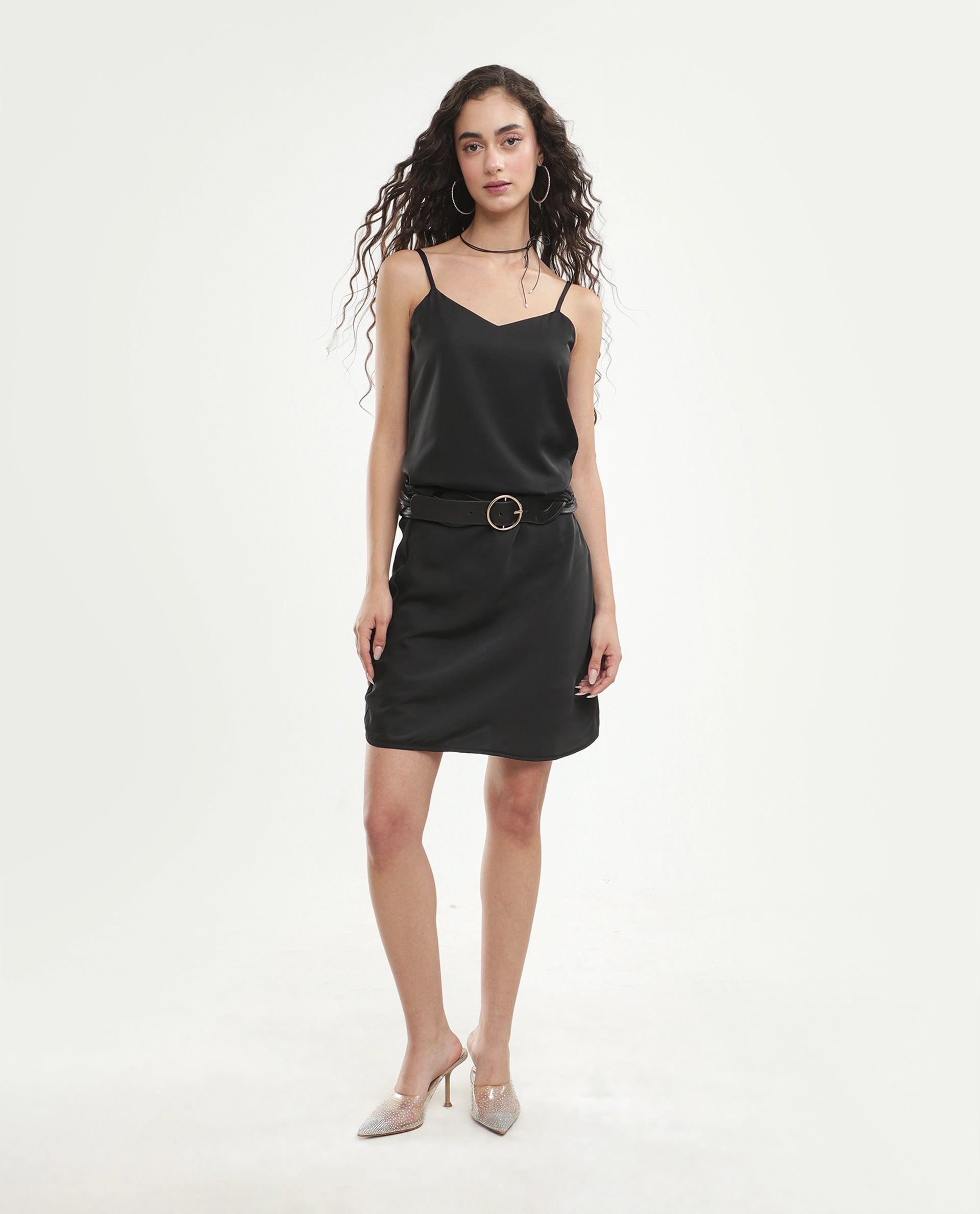Rareism Women's Petsly Black Plain Polyester Cami Sleeveless Top