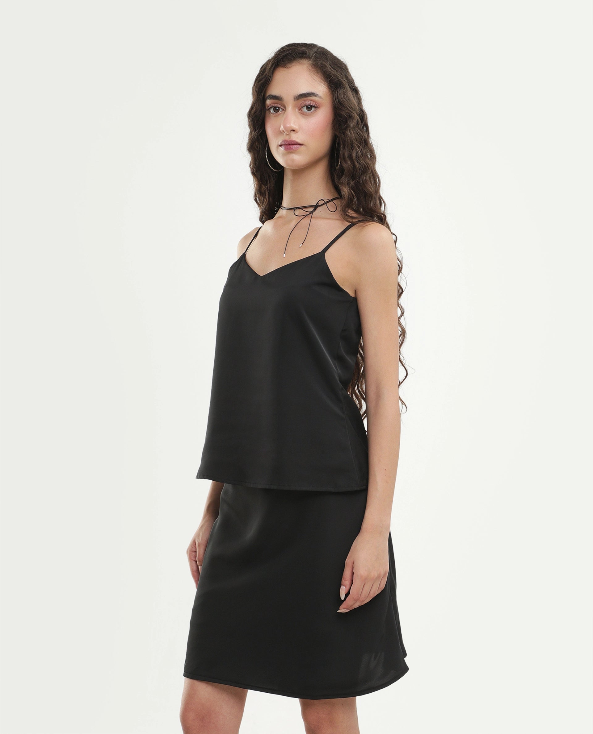 Rareism Women's Petsly Black Plain Polyester Cami Sleeveless Top
