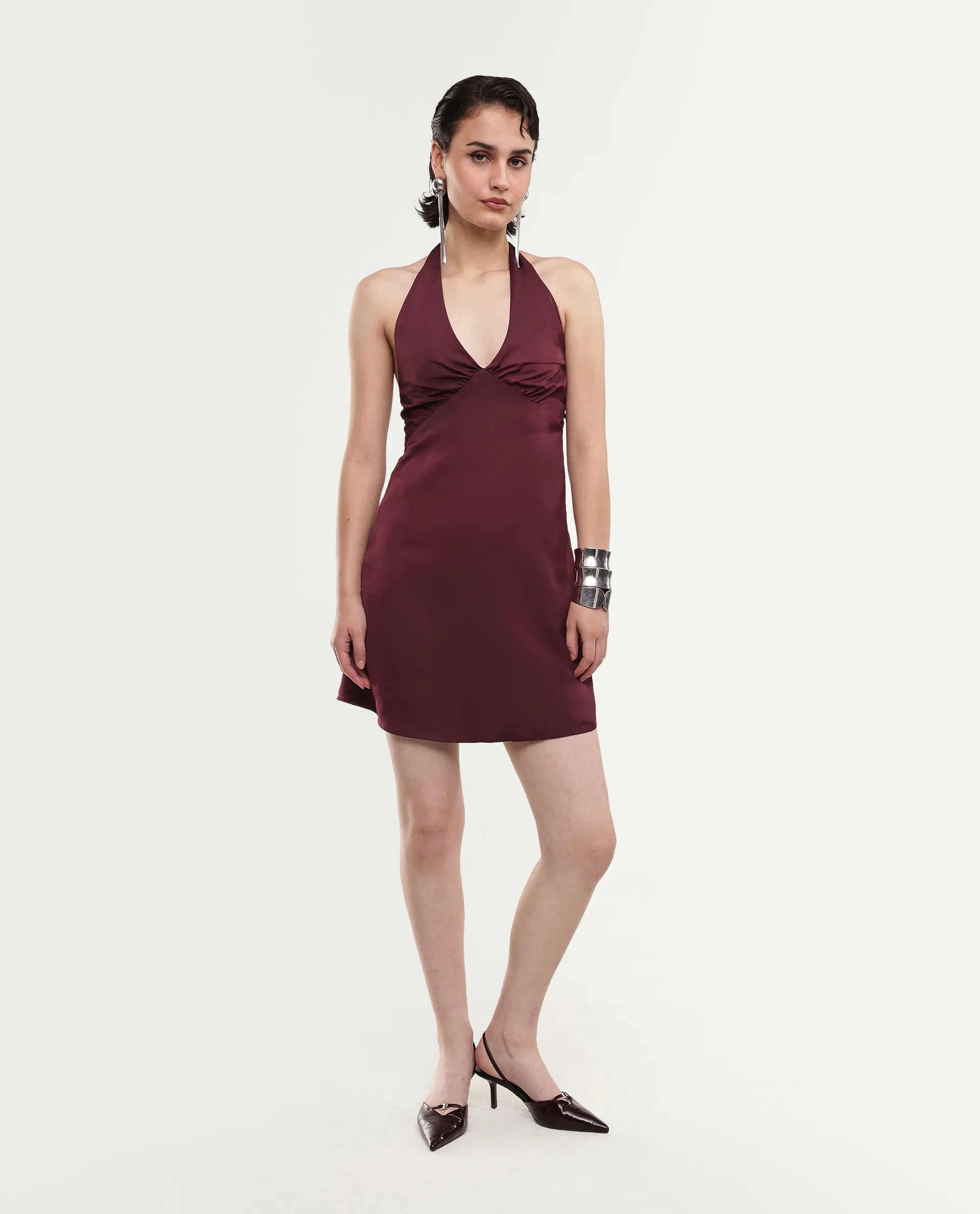 Rareism Women's Petun Dark Maroon Polyester Halter Neck Elastic Fitted Plain Dress