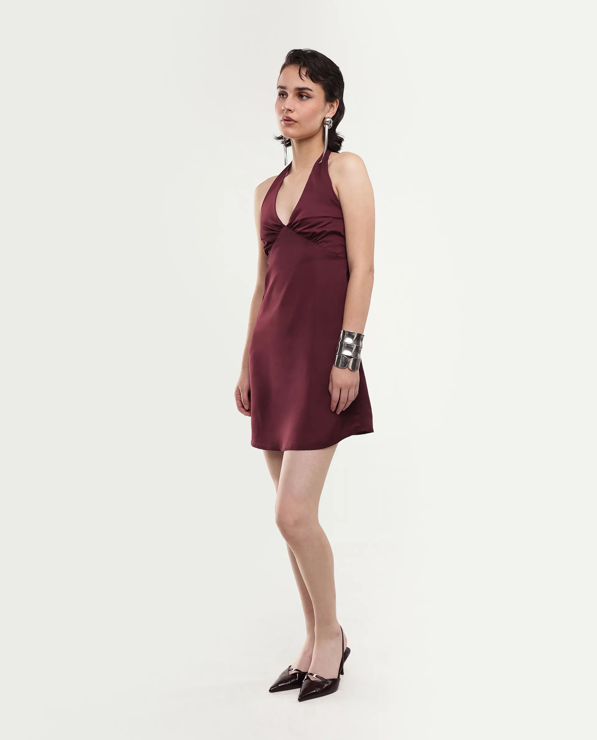 Rareism Women's Petun Dark Maroon Polyester Halter Neck Elastic Fitted Plain Dress