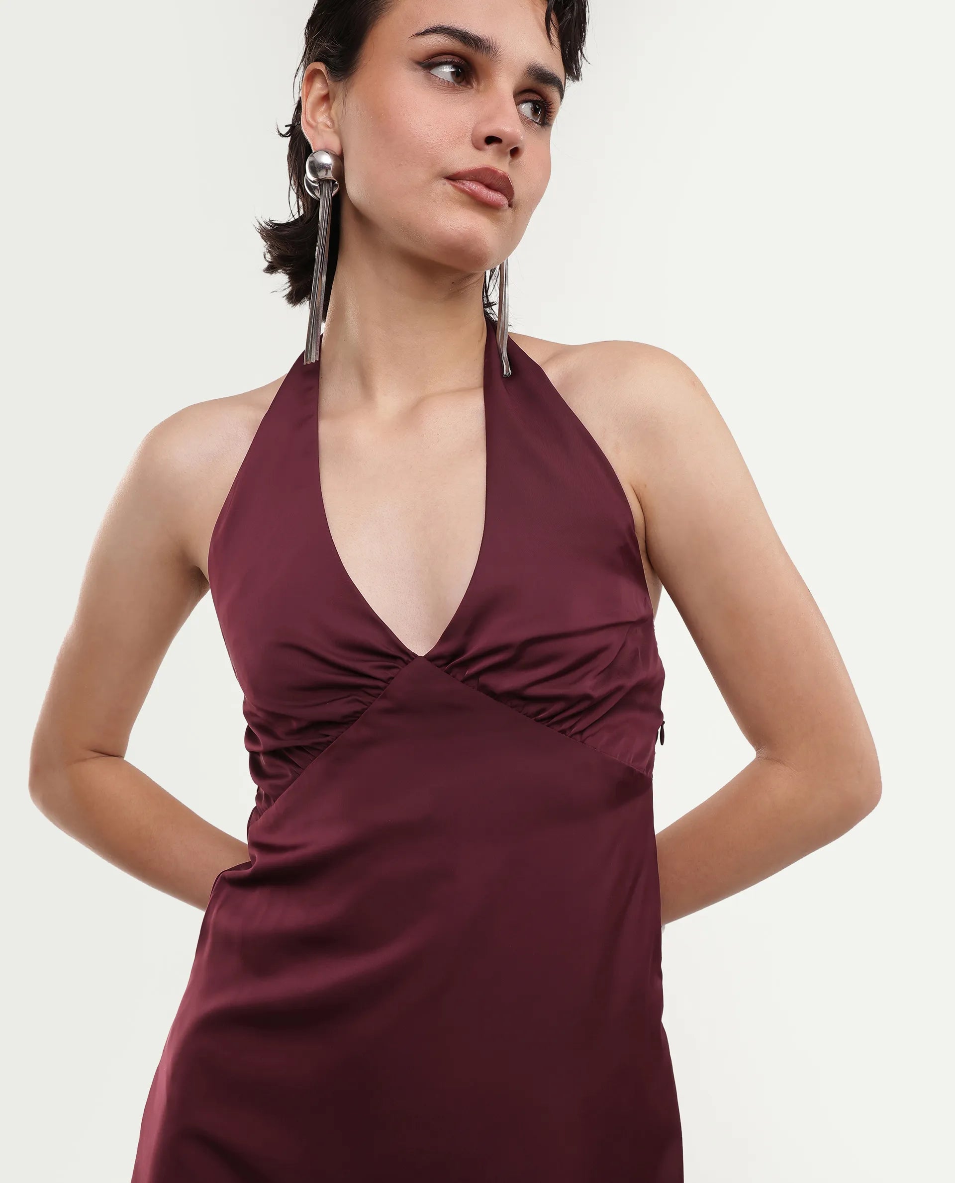 Rareism Women's Petun Dark Maroon Polyester Halter Neck Elastic Fitted Plain Dress
