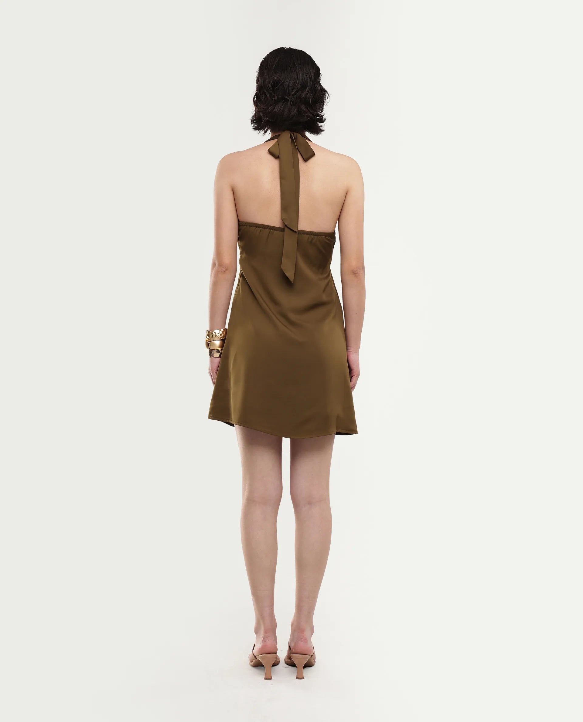 Rareism Women's Petun Dark Gold Polyester Halter Neck Elastic Fitted Plain Dress