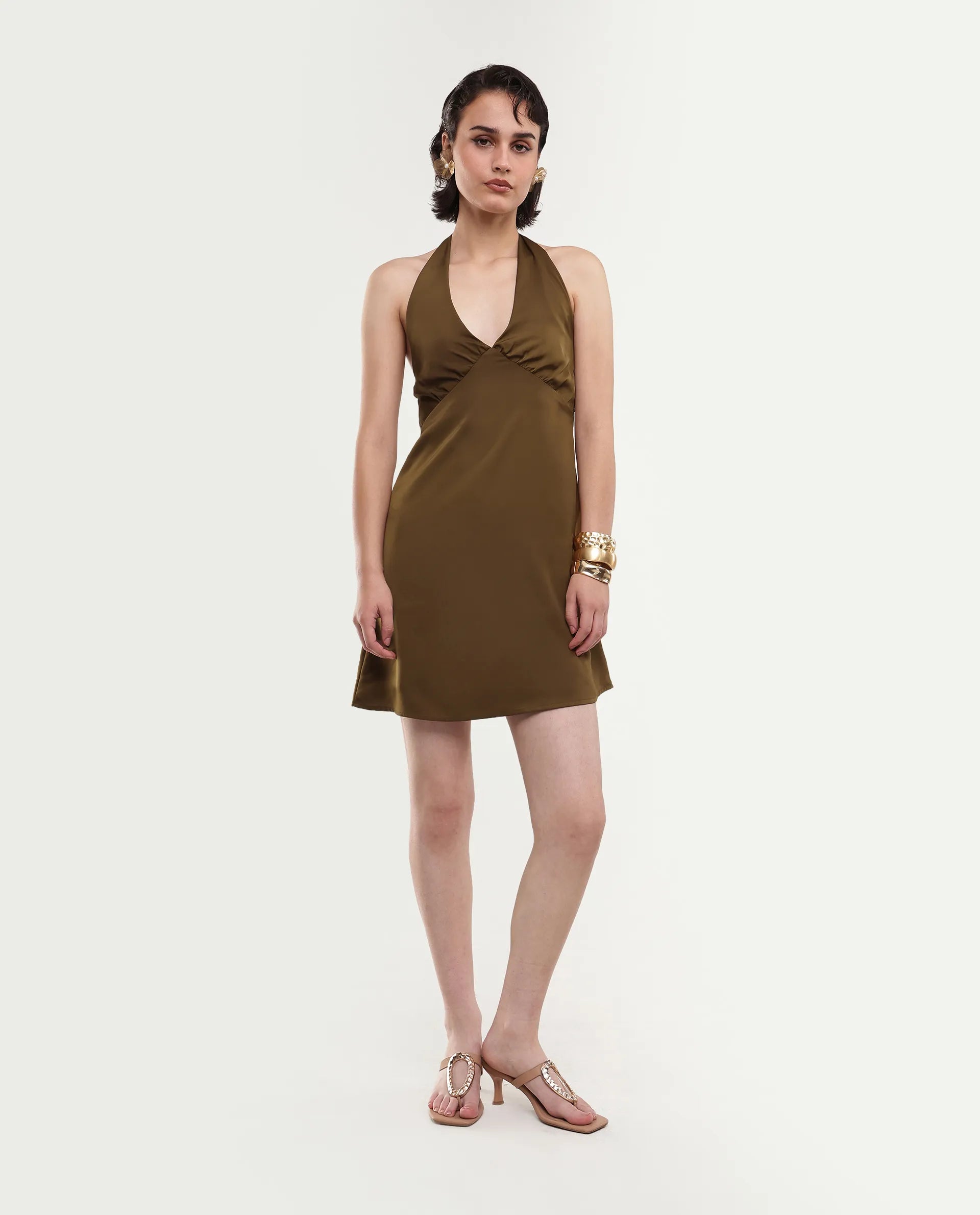 Rareism Women's Petun Dark Gold Polyester Halter Neck Elastic Fitted Plain Dress