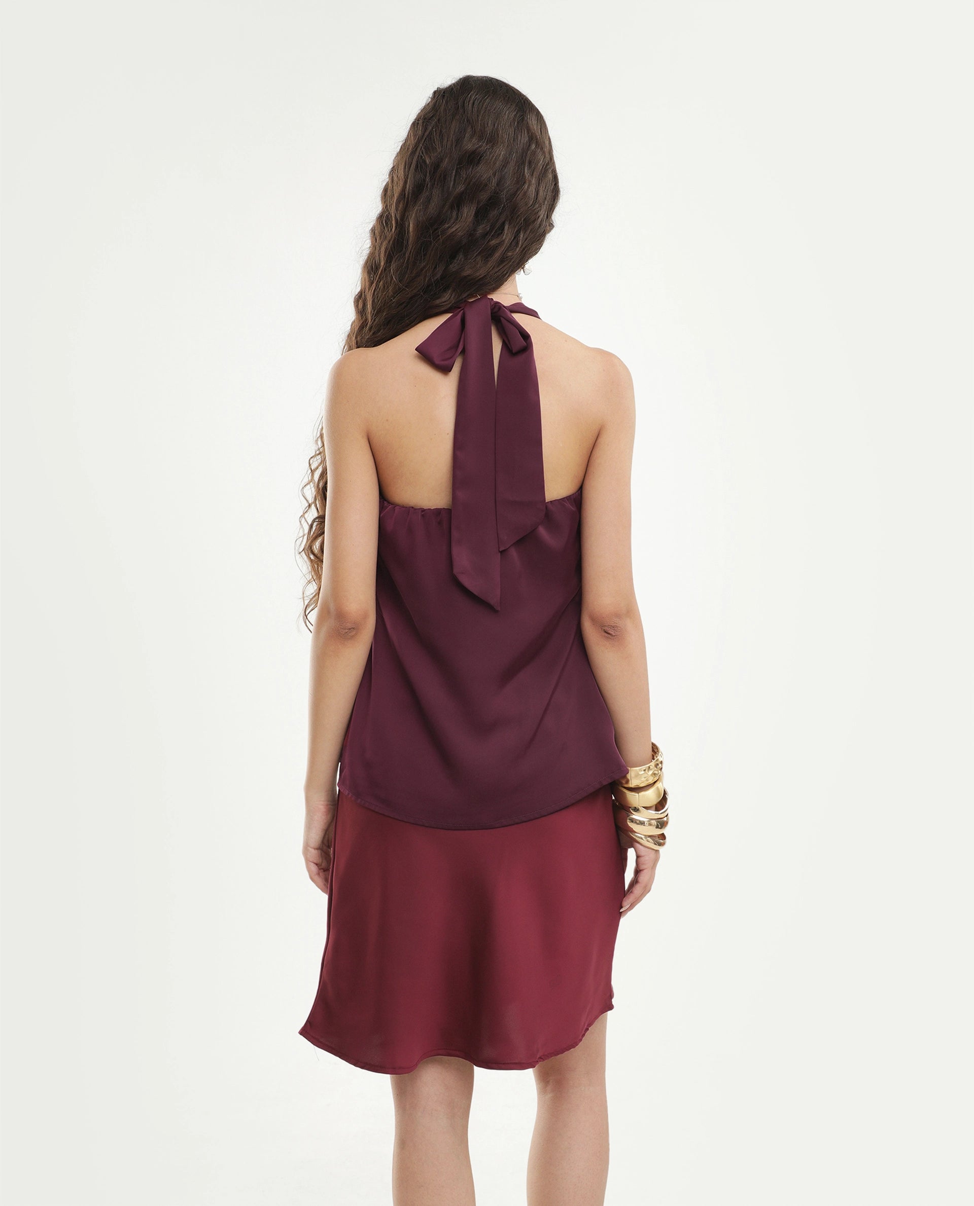 Rareism Women's Petzy Dark Maroon Polyester Cowl Neck Tie-Up Regular Plain Top