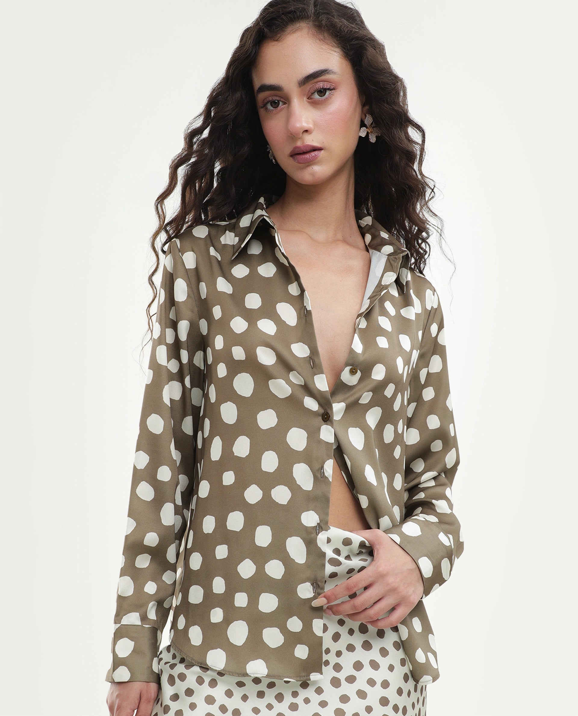Rareism Women's Polro Olive Polka Dot Polyester Regular Fit Long Sleeve Shirt