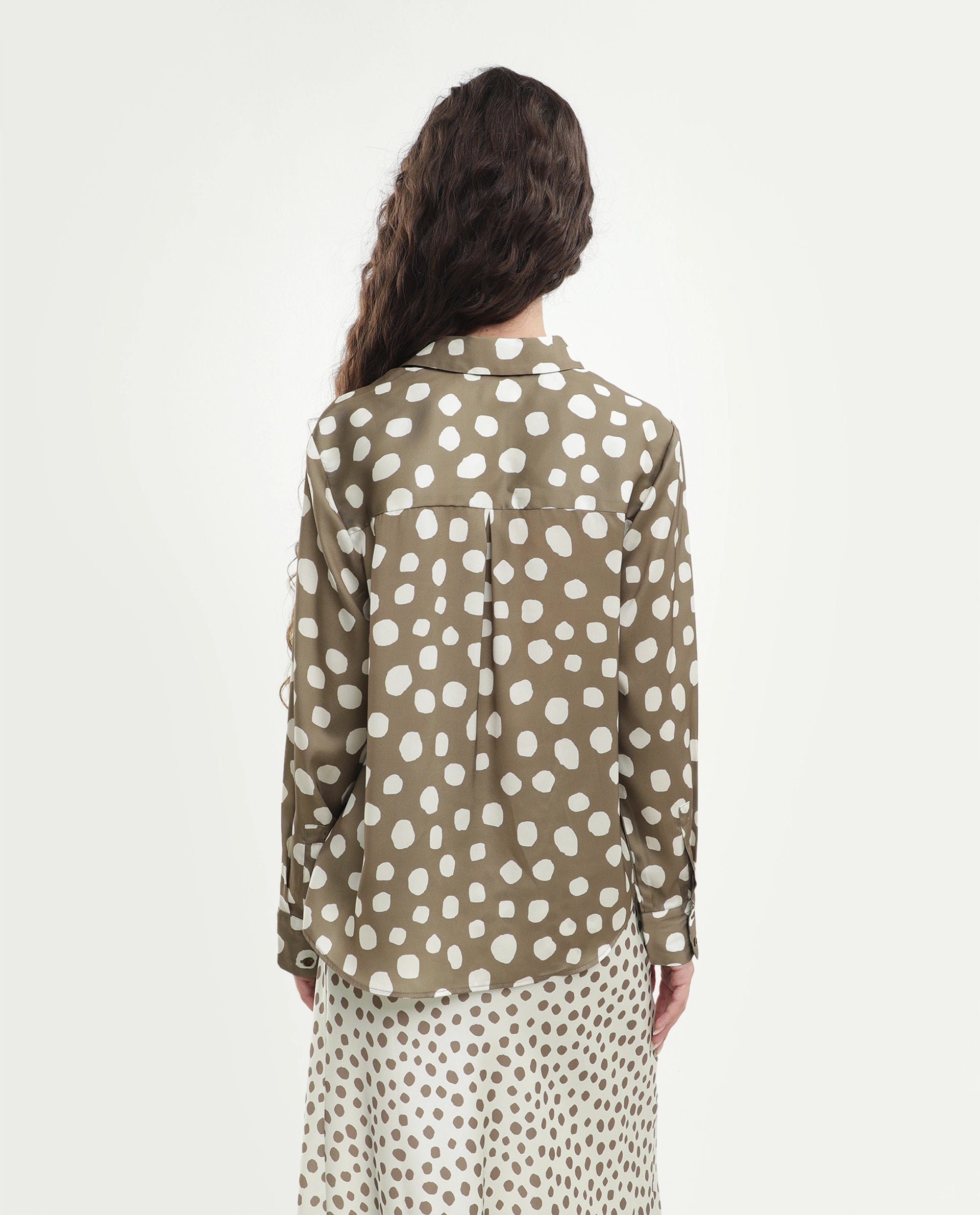 Rareism Women's Polro Olive Polka Dot Polyester Regular Fit Long Sleeve Shirt