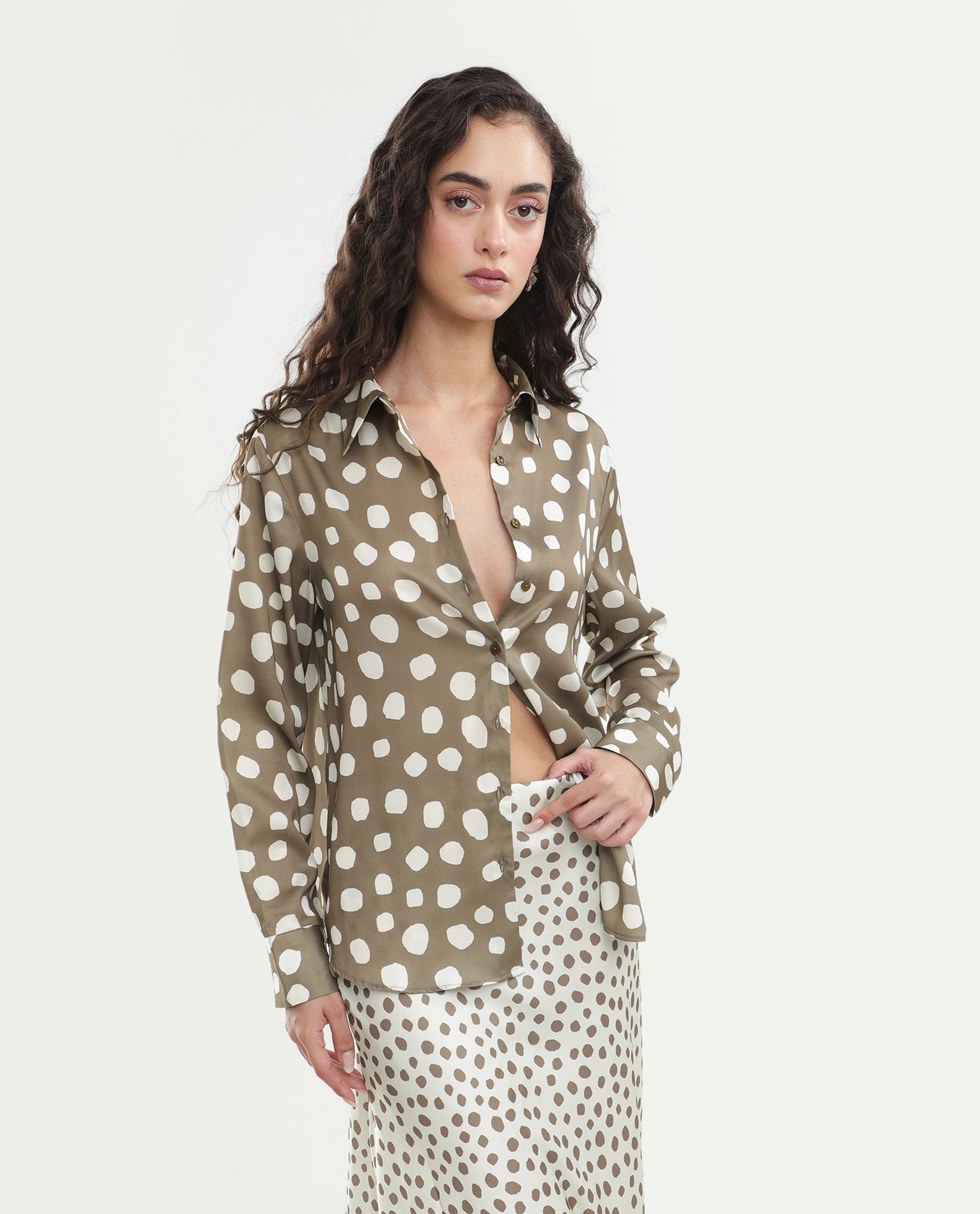 Rareism Women's Polro Olive Polka Dot Polyester Regular Fit Long Sleeve Shirt