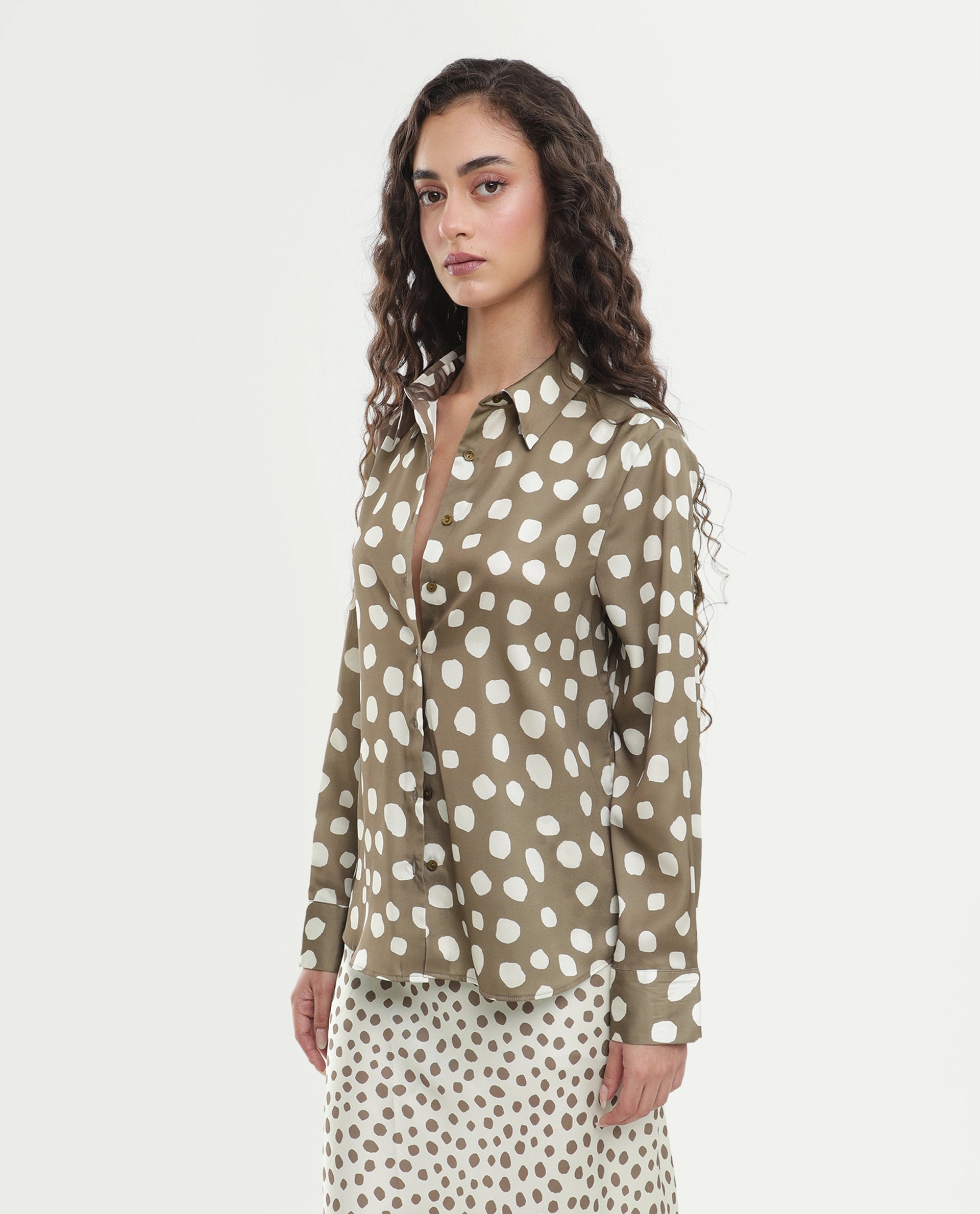 Rareism Women's Polro Olive Polka Dot Polyester Regular Fit Long Sleeve Shirt