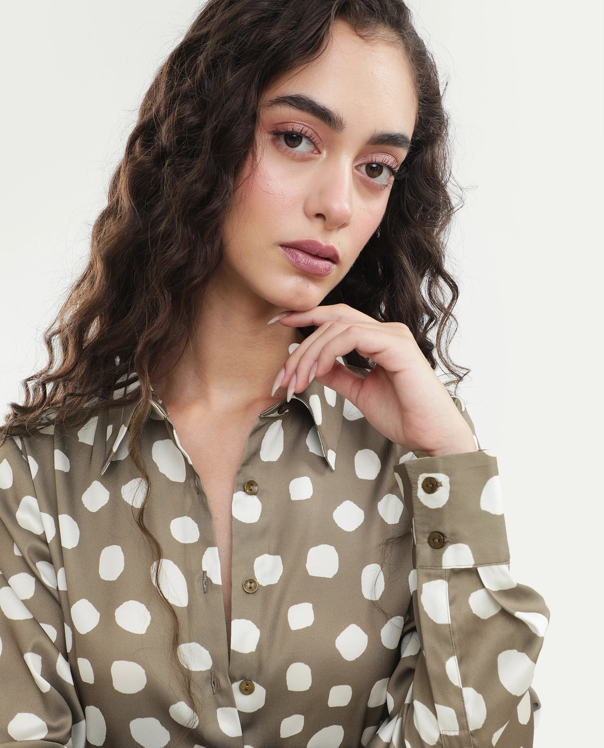 Rareism Women's Polro Olive Polka Dot Polyester Regular Fit Long Sleeve Shirt