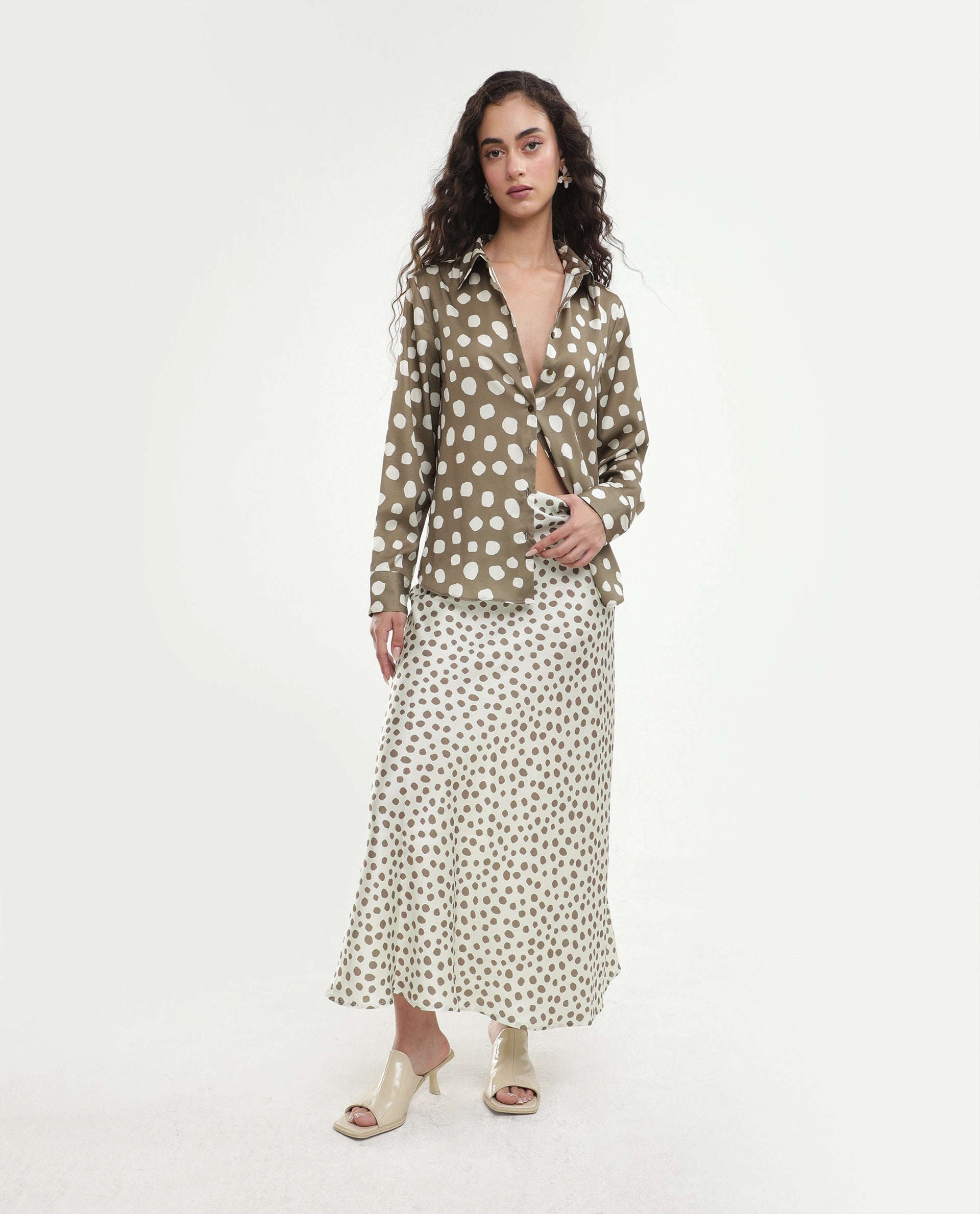 Rareism Women's Polro Olive Polka Dot Polyester Regular Fit Long Sleeve Shirt