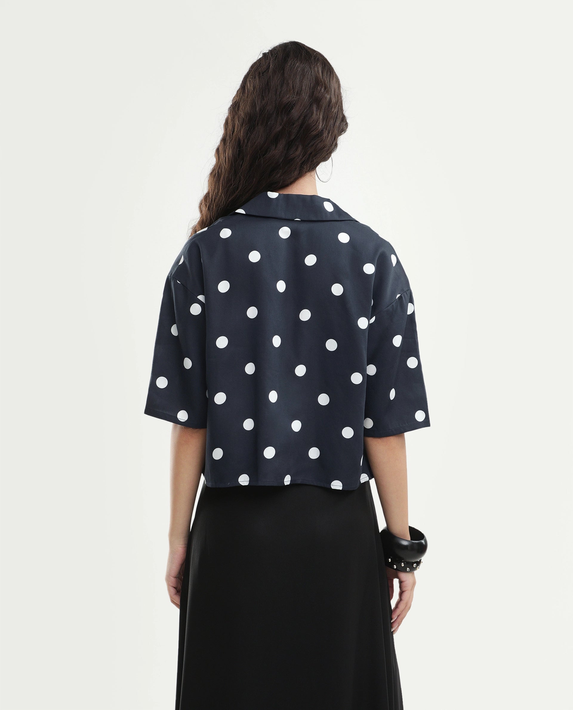 Rareism Women's Polbo Black Cotton Blend Lapel Neck Button Regular Polka Print Top