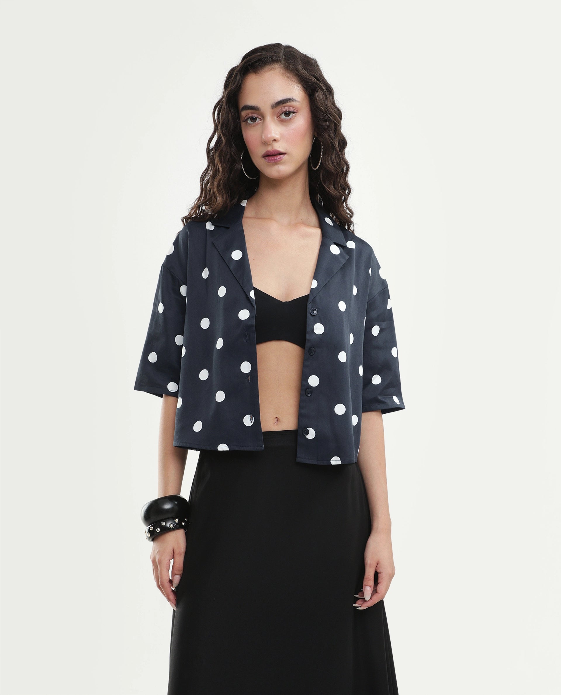 Rareism Women's Polbo Black Cotton Blend Lapel Neck Button Regular Polka Print Top