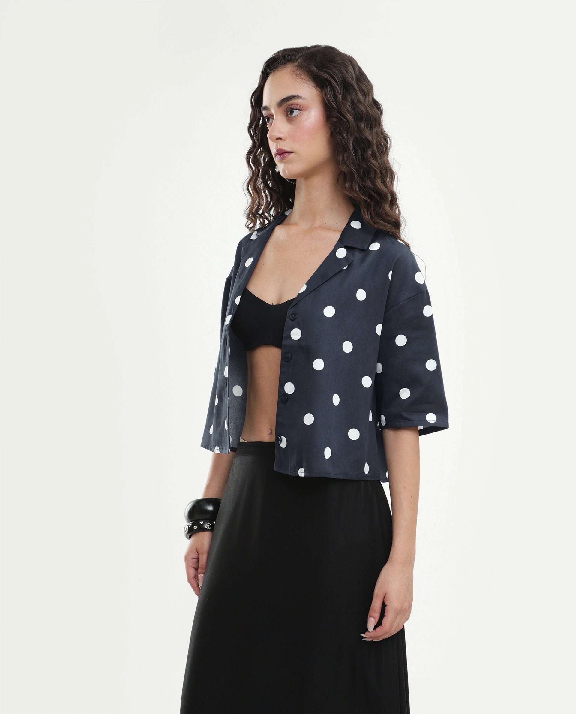 Rareism Women's Polbo Black Cotton Blend Lapel Neck Button Regular Polka Print Top
