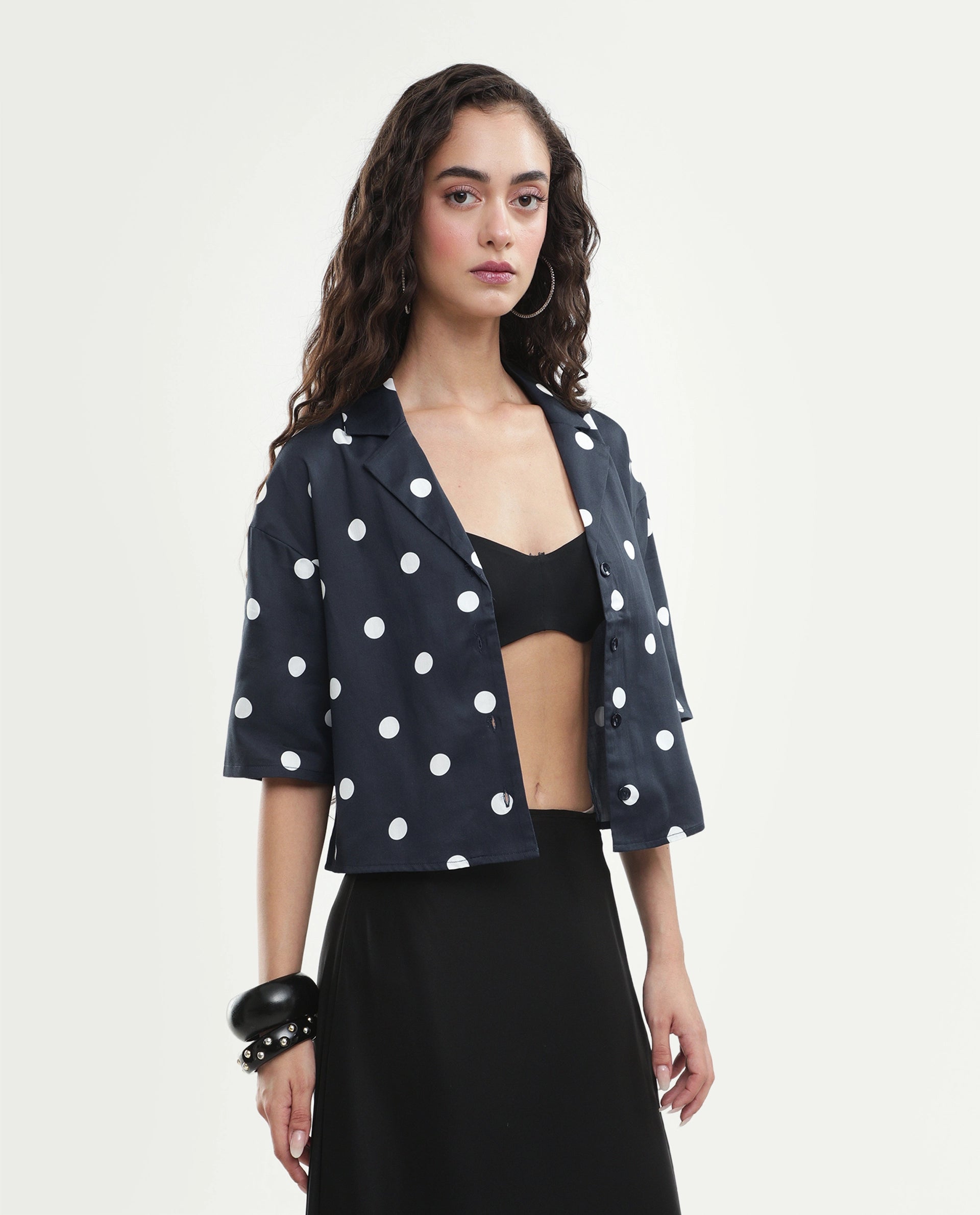 Rareism Women's Polbo Black Cotton Blend Lapel Neck Button Regular Polka Print Top