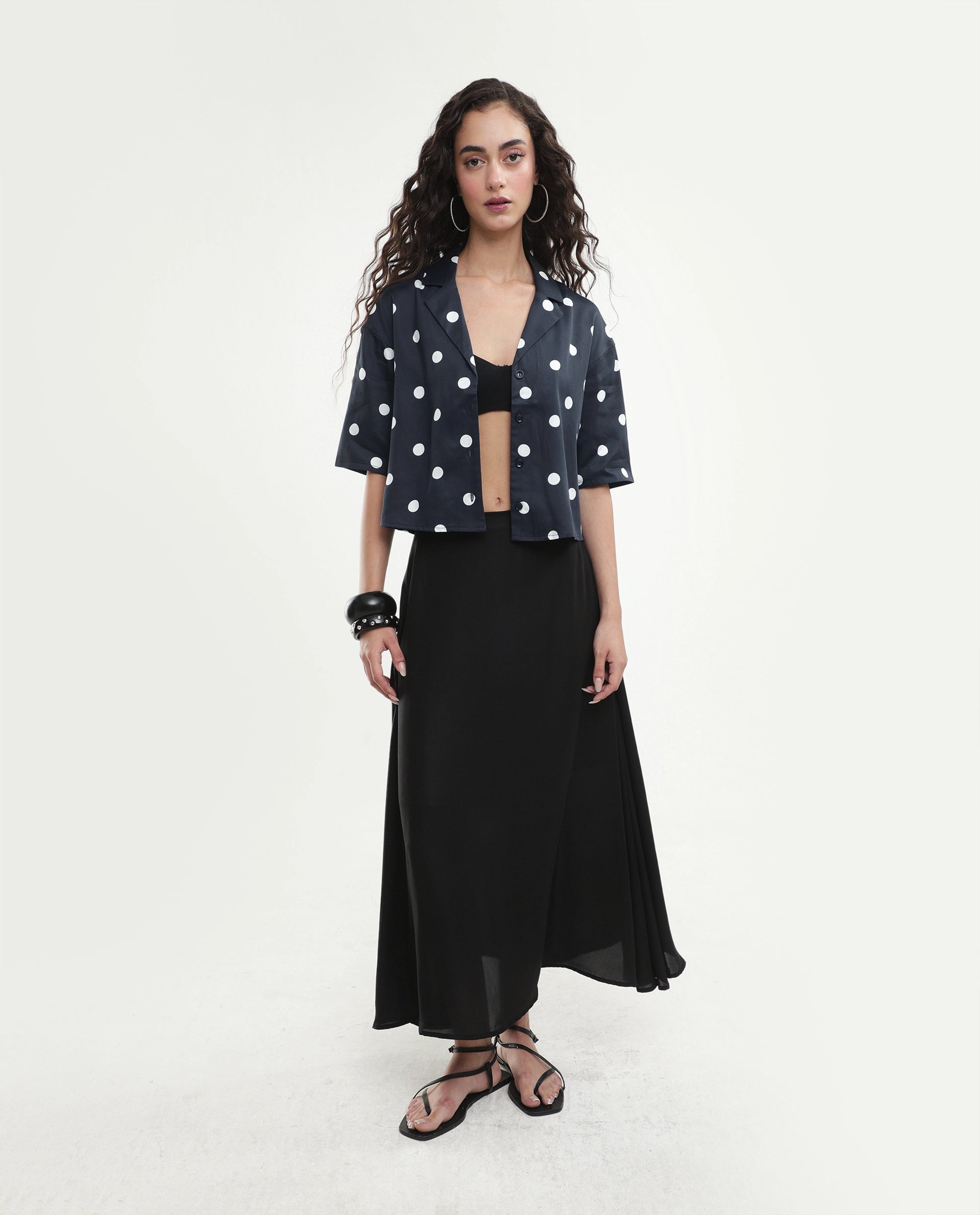 Rareism Women's Polbo Black Cotton Blend Lapel Neck Button Regular Polka Print Top