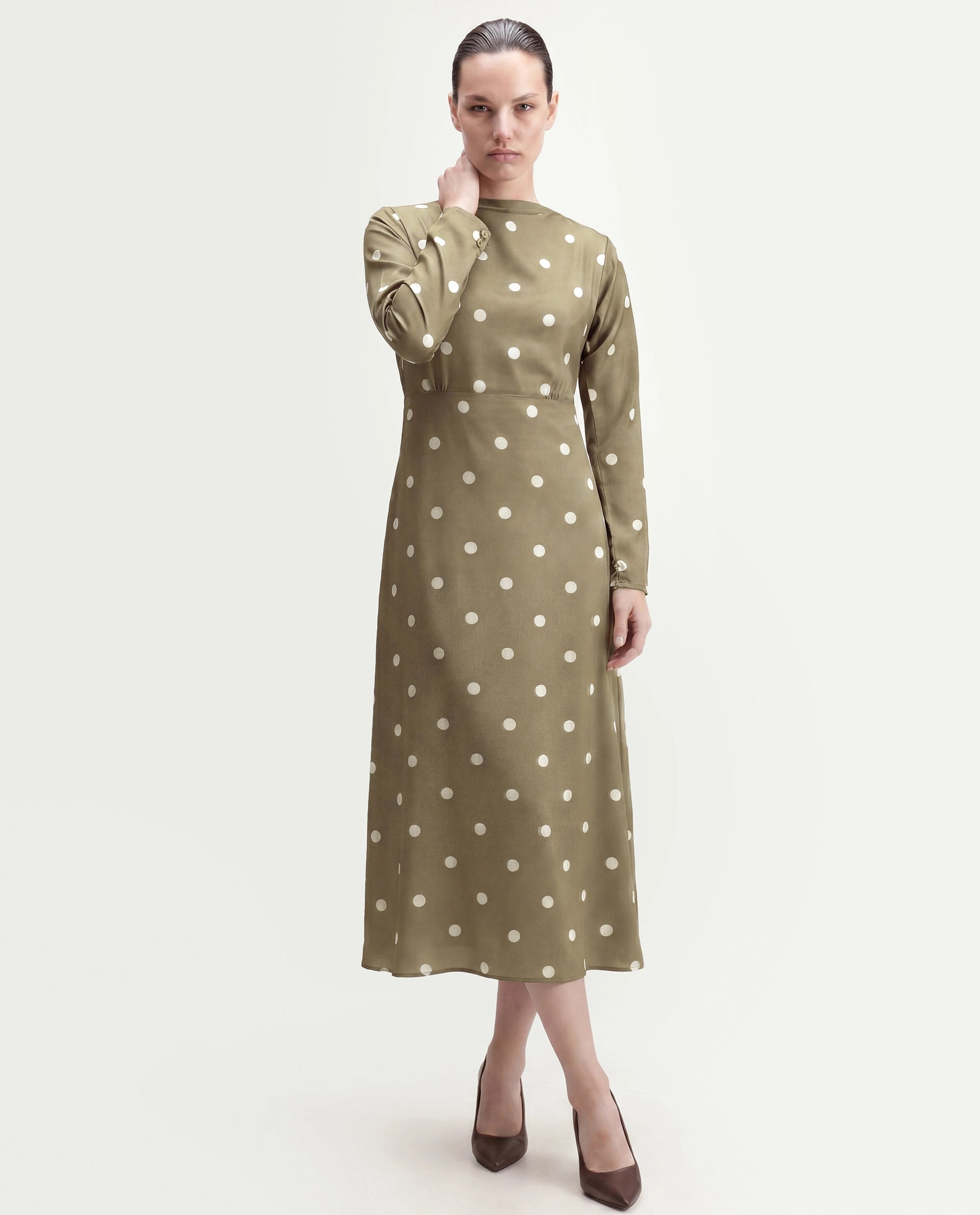 Rareism Women's Polom Olive Polka Dot Polyester Slim Full Sleeve Dress