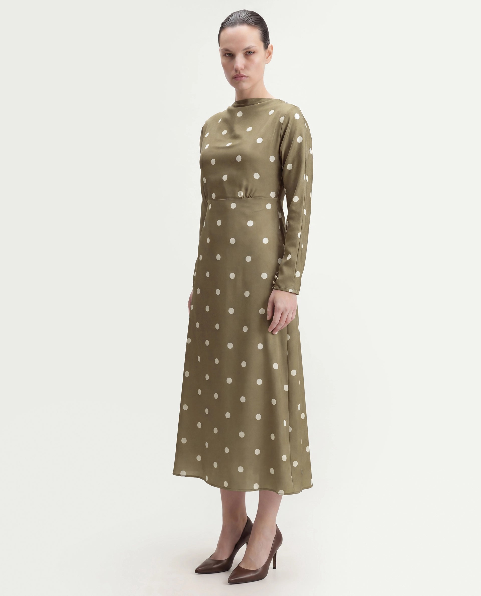 Rareism Women's Polom Olive Polka Dot Polyester Slim Full Sleeve Dress