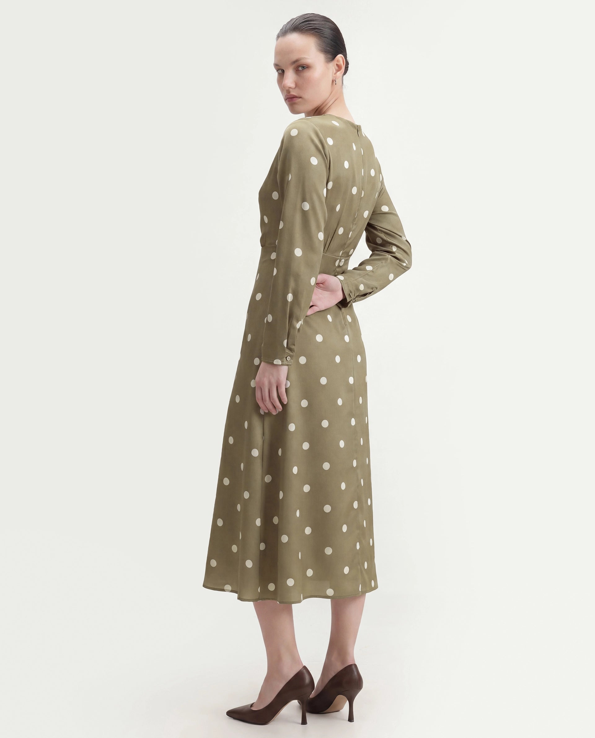 Rareism Women's Polom Olive Polka Dot Polyester Slim Full Sleeve Dress