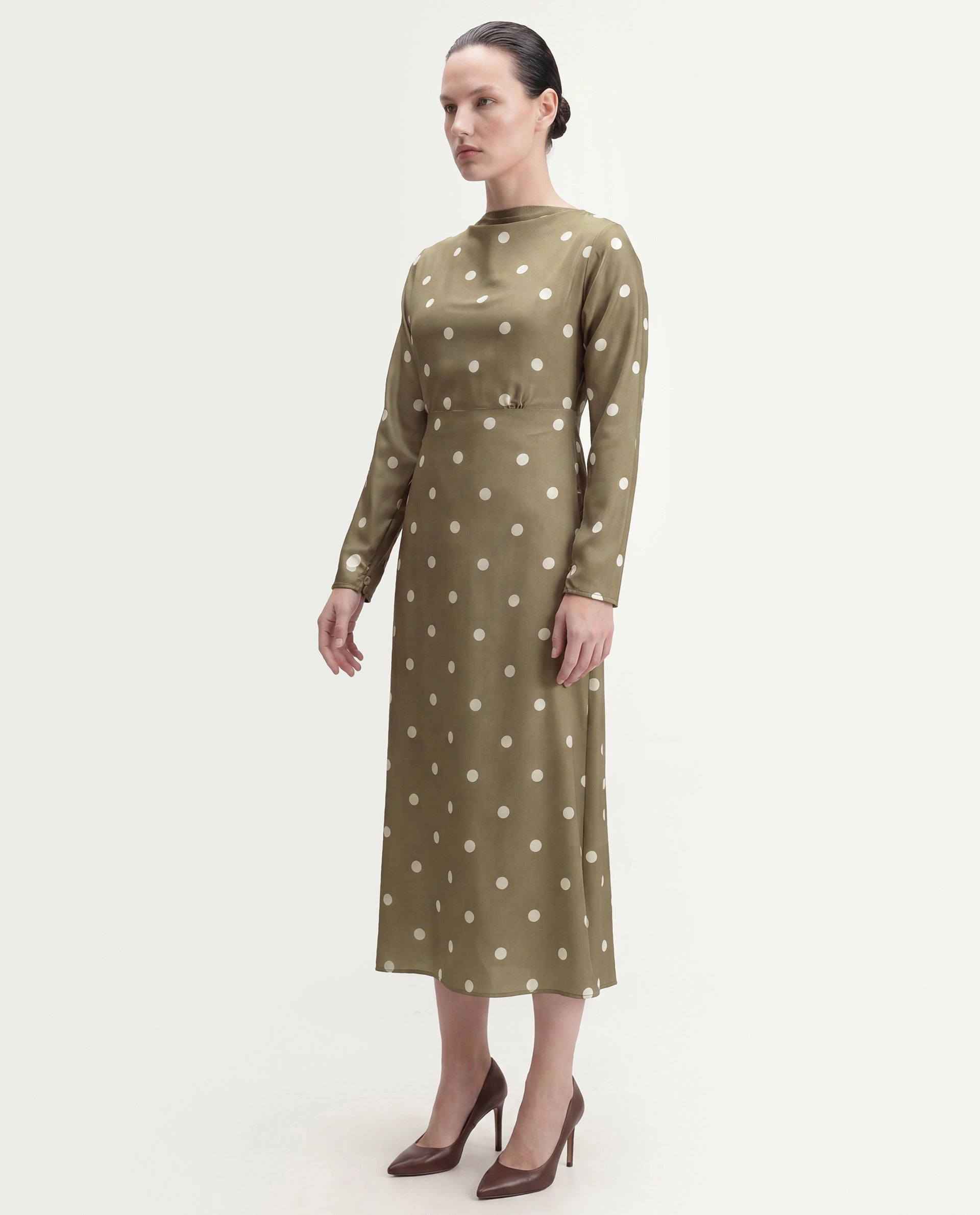Rareism Women's Polom Olive Polka Dot Polyester Slim Full Sleeve Dress