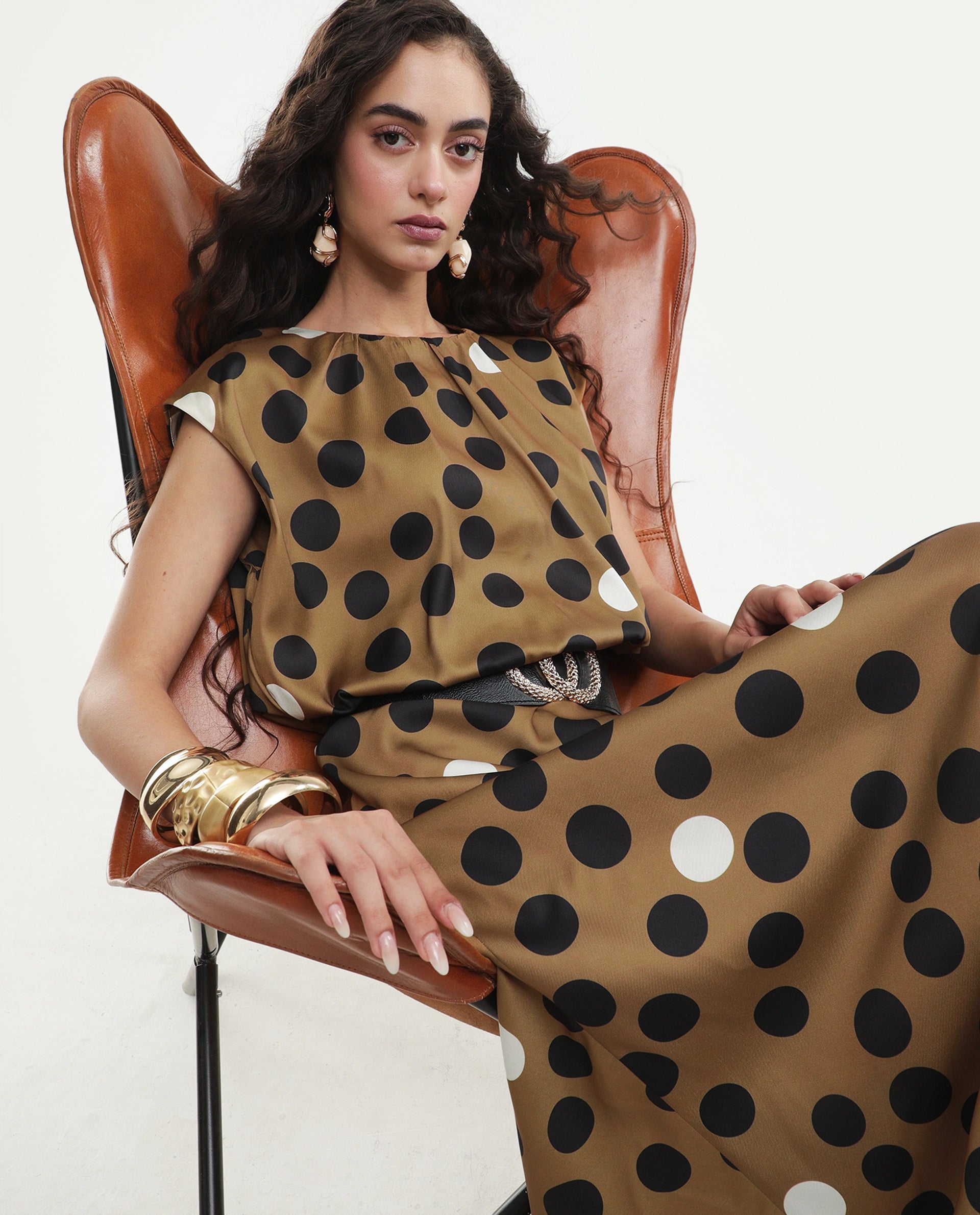 Rareism Women's Polta Beige Polyester Crew Neck Button And Zip Fit And Flare Polka Print Dress