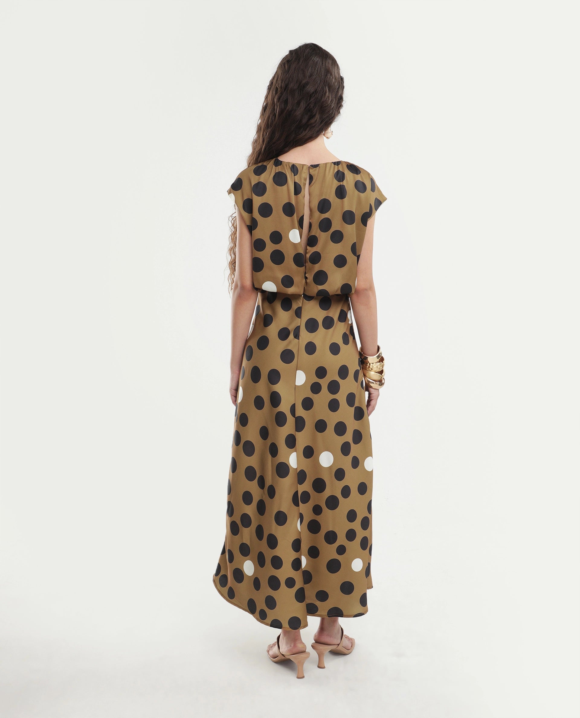 Rareism Women's Polta Beige Polyester Crew Neck Button And Zip Fit And Flare Polka Print Dress