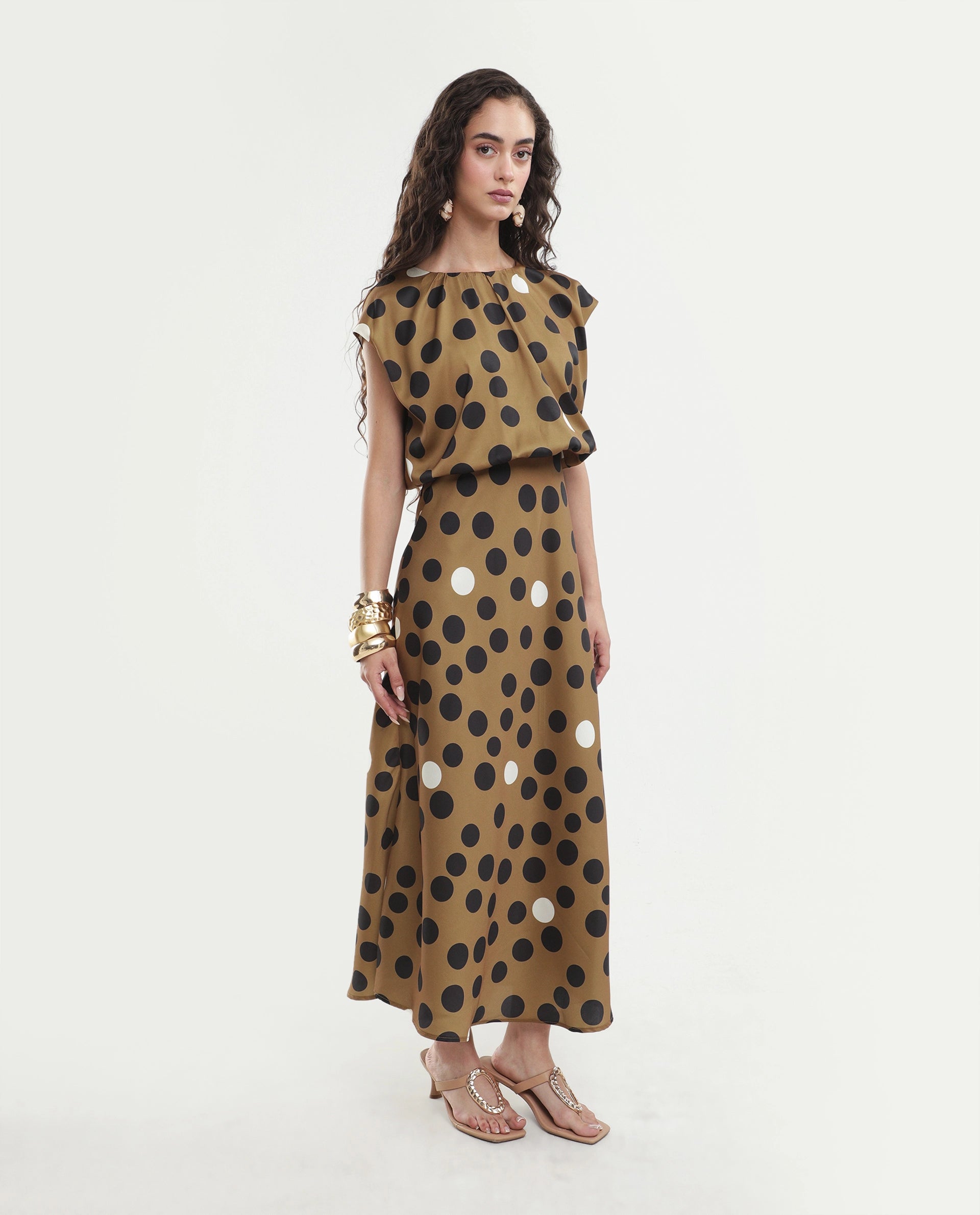 Rareism Women's Polta Beige Polyester Crew Neck Button And Zip Fit And Flare Polka Print Dress