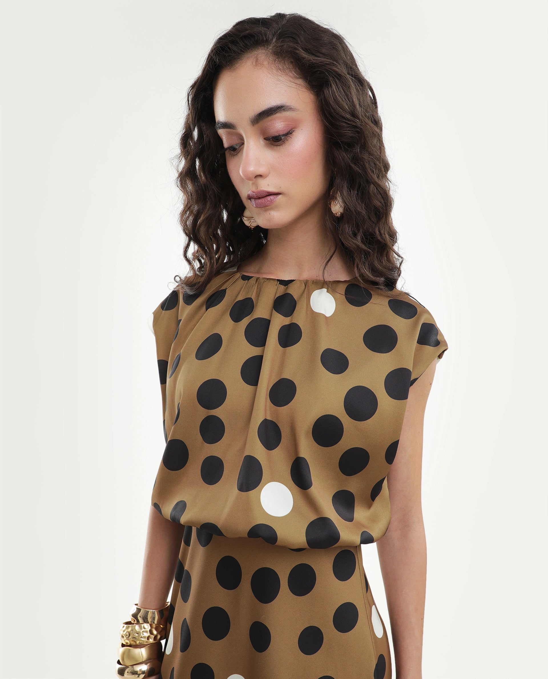 Rareism Women's Polta Beige Polyester Crew Neck Button And Zip Fit And Flare Polka Print Dress