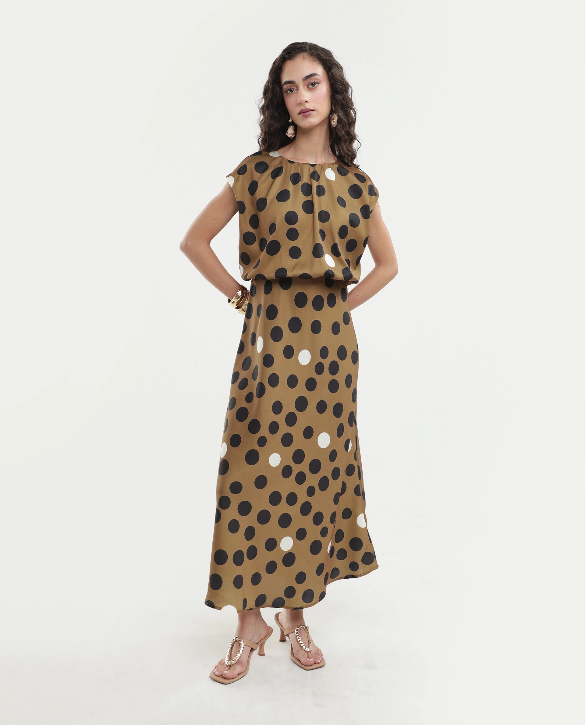 Rareism Women's Polta Beige Polyester Crew Neck Button And Zip Fit And Flare Polka Print Dress
