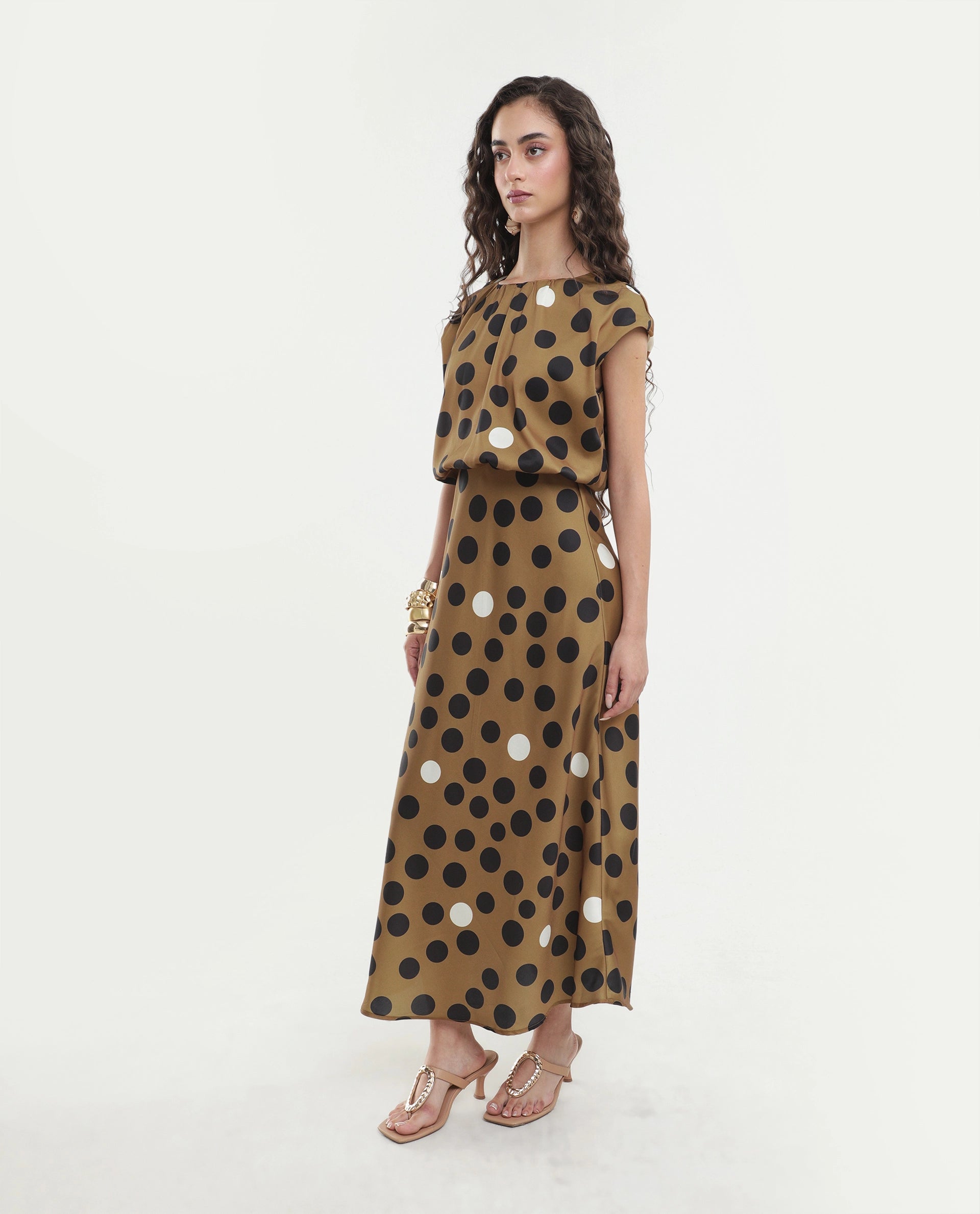 Rareism Women's Polta Beige Polyester Crew Neck Button And Zip Fit And Flare Polka Print Dress