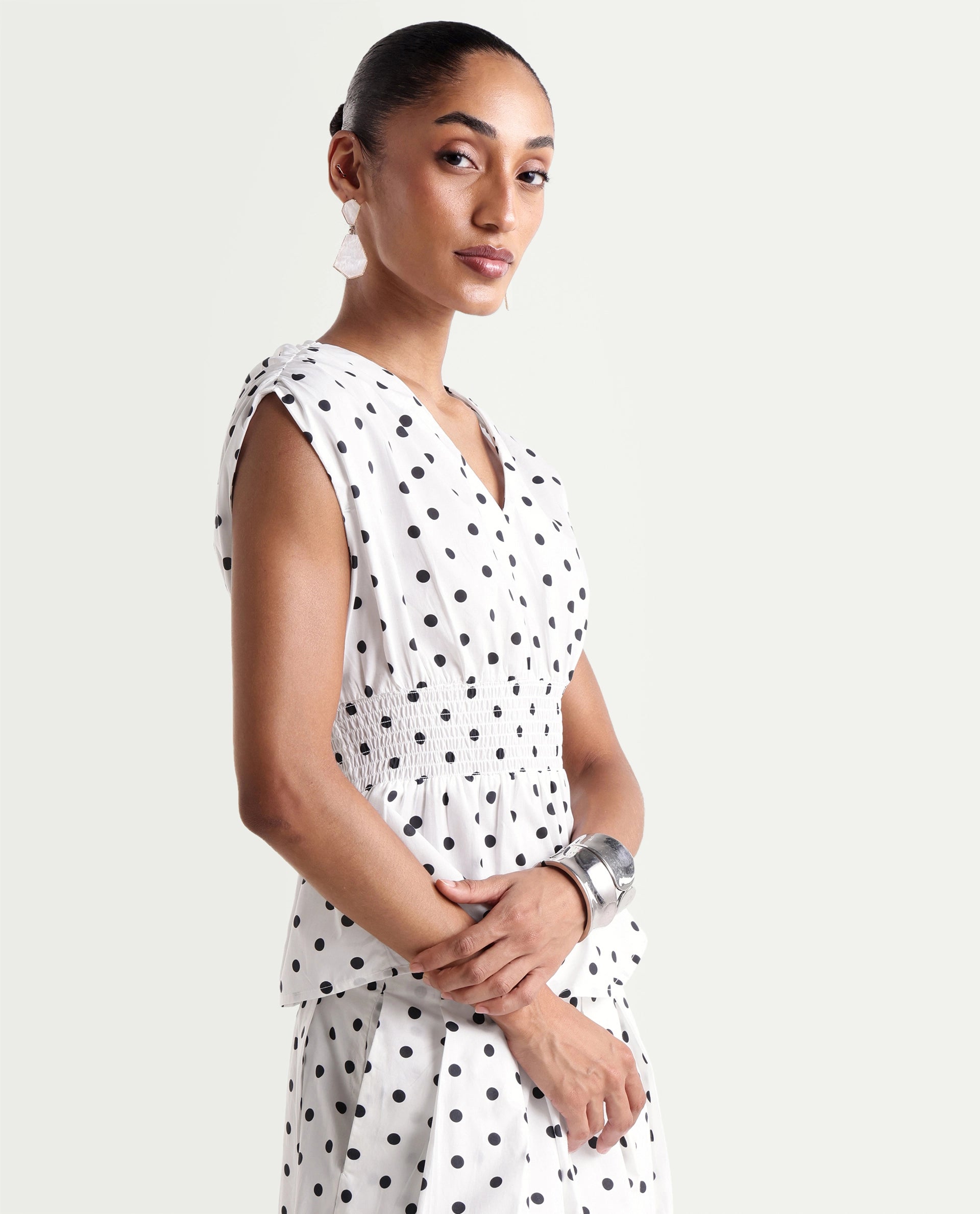 Rareism Women's Polto-T Off White Cotton V-Neck Elastic Fit And Flare Polka Print Top