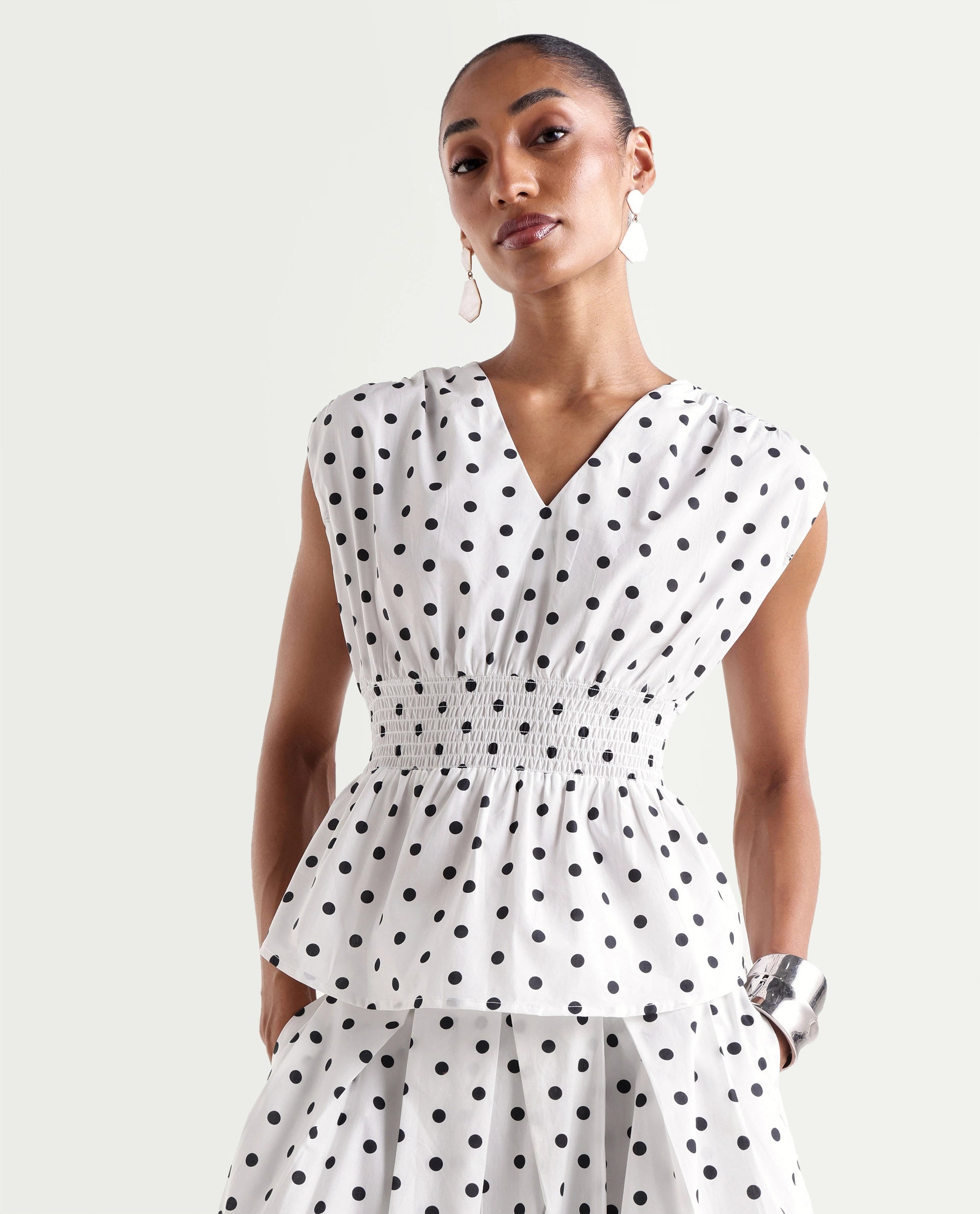Rareism Women's Polto-T Off White Cotton V-Neck Elastic Fit And Flare Polka Print Top