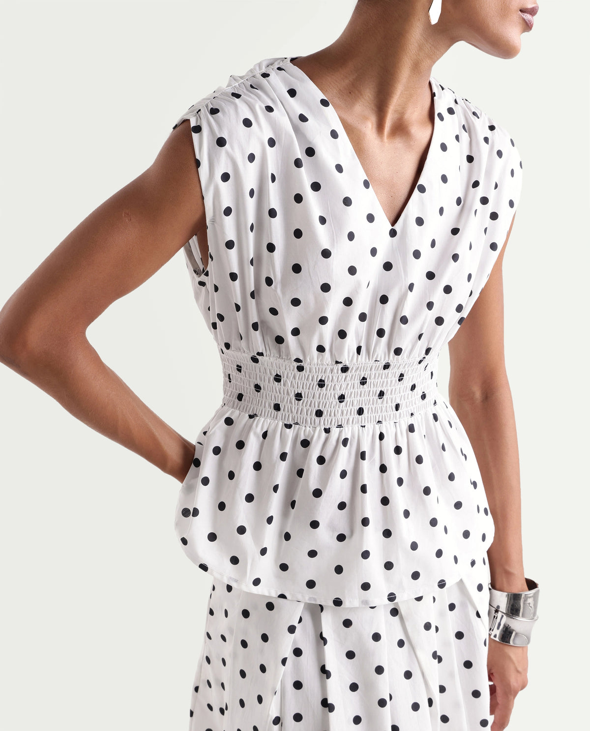 Rareism Women's Polto-T Off White Cotton V-Neck Elastic Fit And Flare Polka Print Top