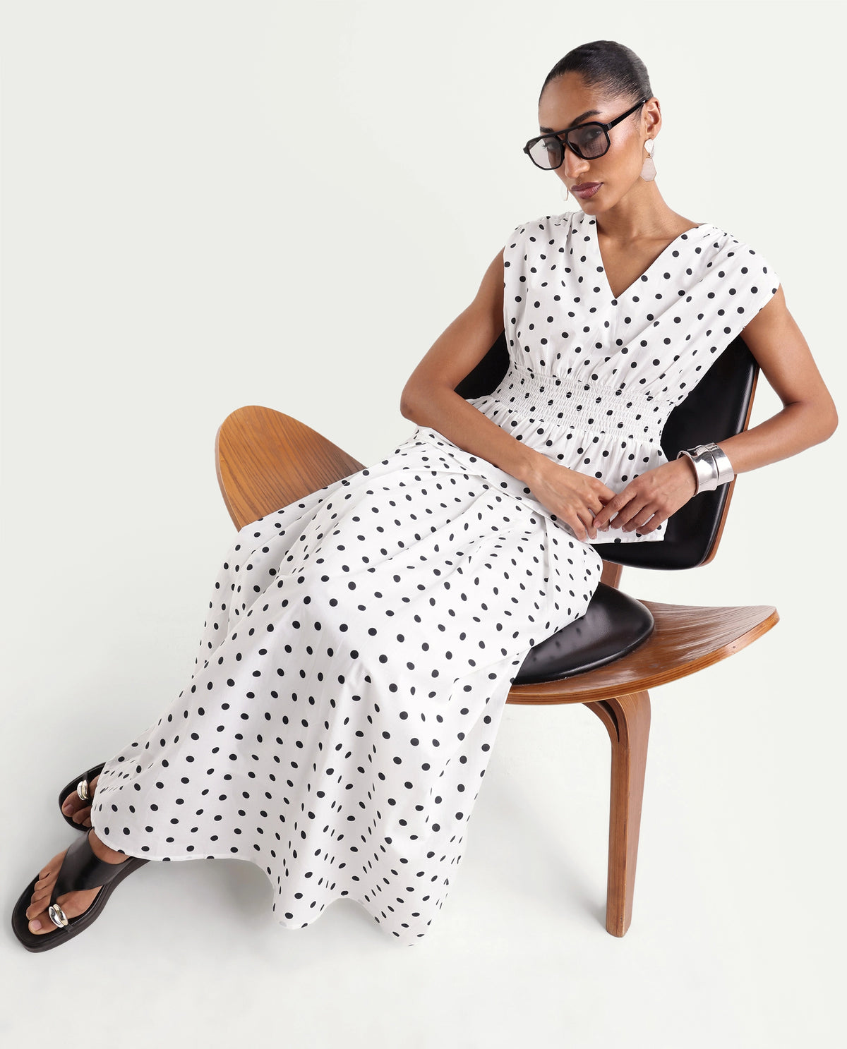 Rareism Women's Polto-T Off White Cotton V-Neck Elastic Fit And Flare Polka Print Top