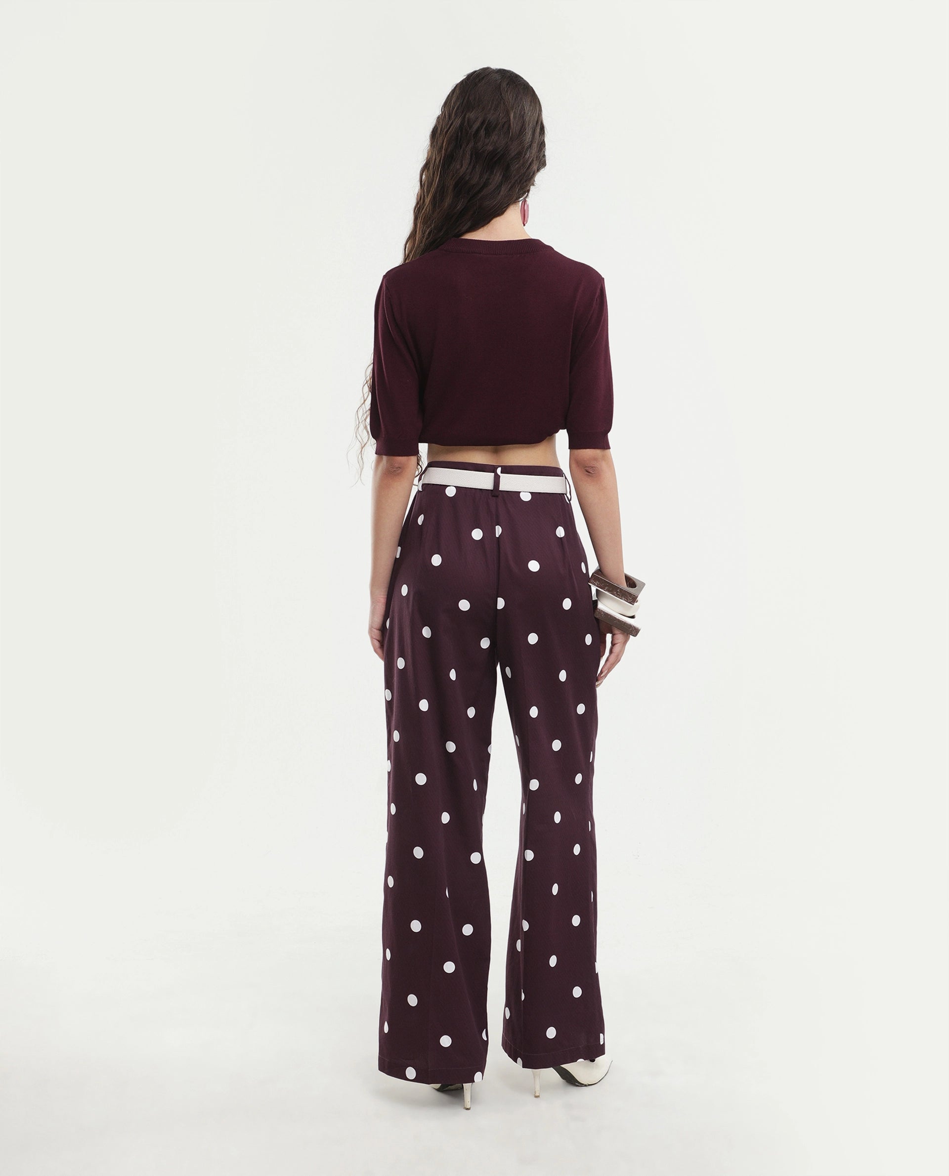 Rareism Women's Polvo-B Maroon Cotton Button And Zip Wide Polka Print Trouser
