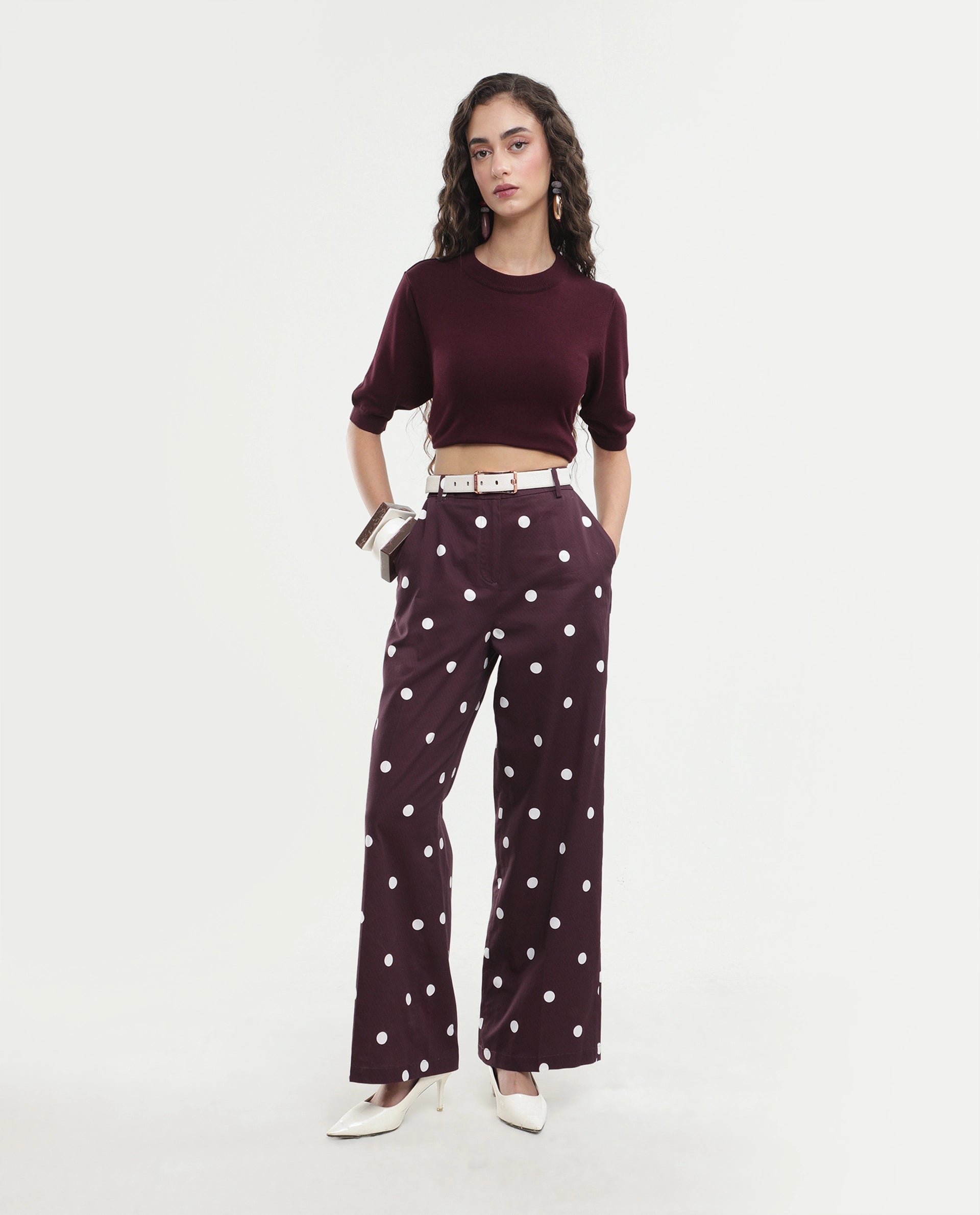 Rareism Women's Polvo-B Maroon Cotton Button And Zip Wide Polka Print Trouser