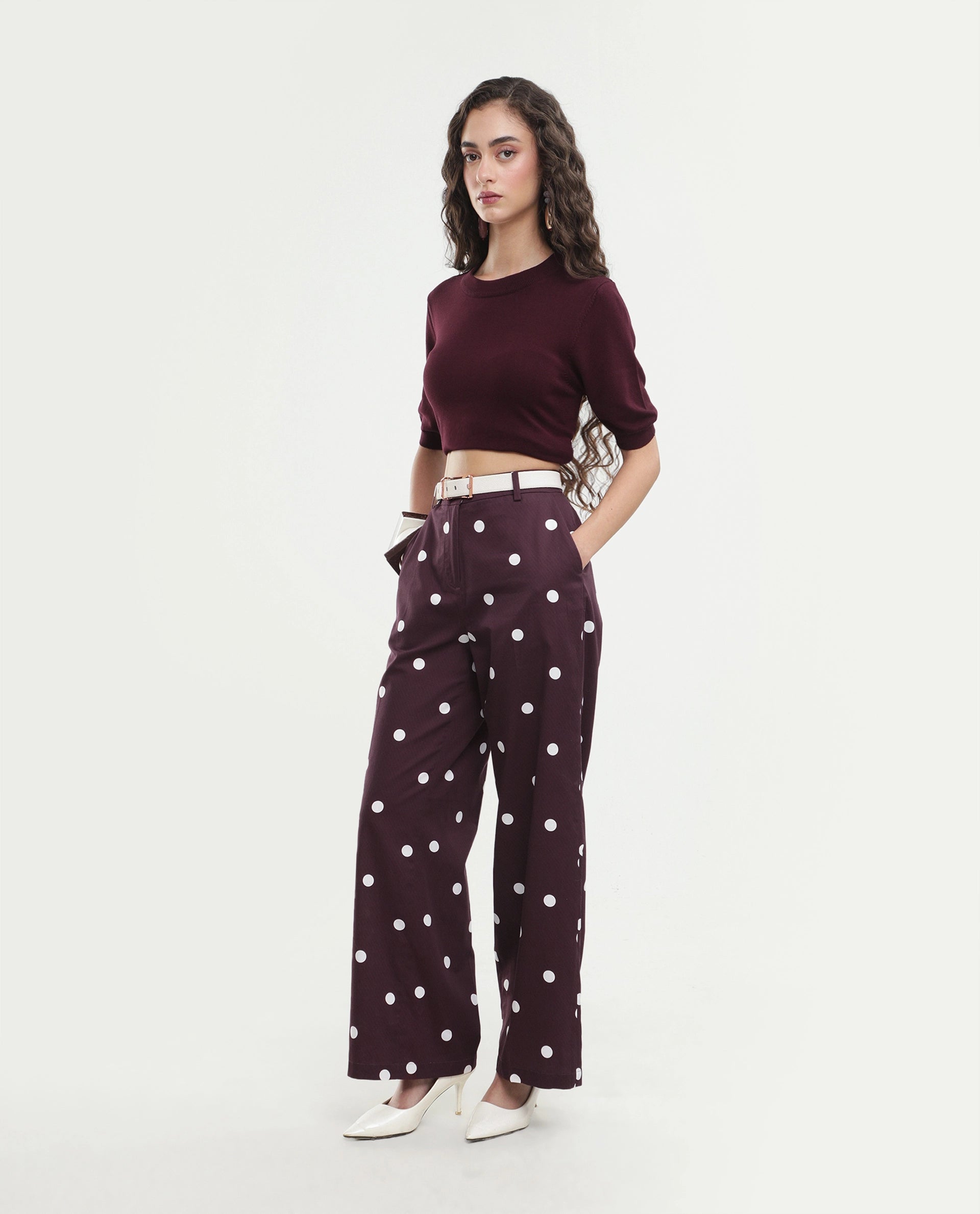 Rareism Women's Polvo-B Maroon Cotton Button And Zip Wide Polka Print Trouser