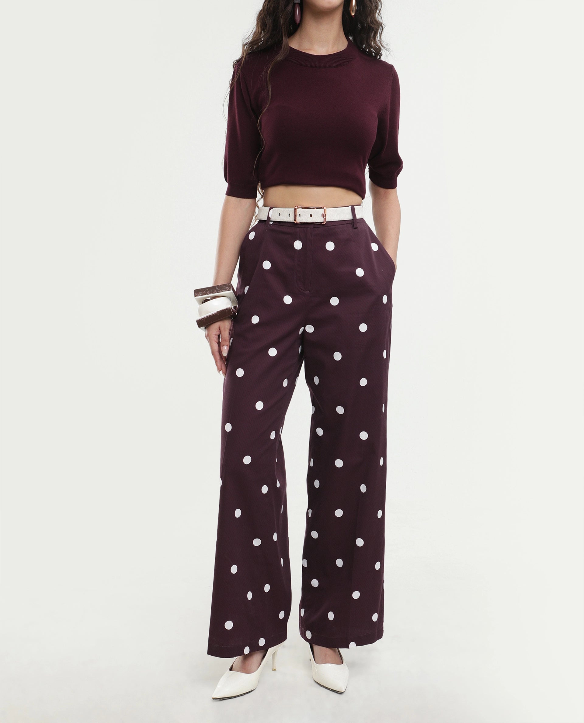 Rareism Women's Polvo-B Maroon Cotton Button And Zip Wide Polka Print Trouser