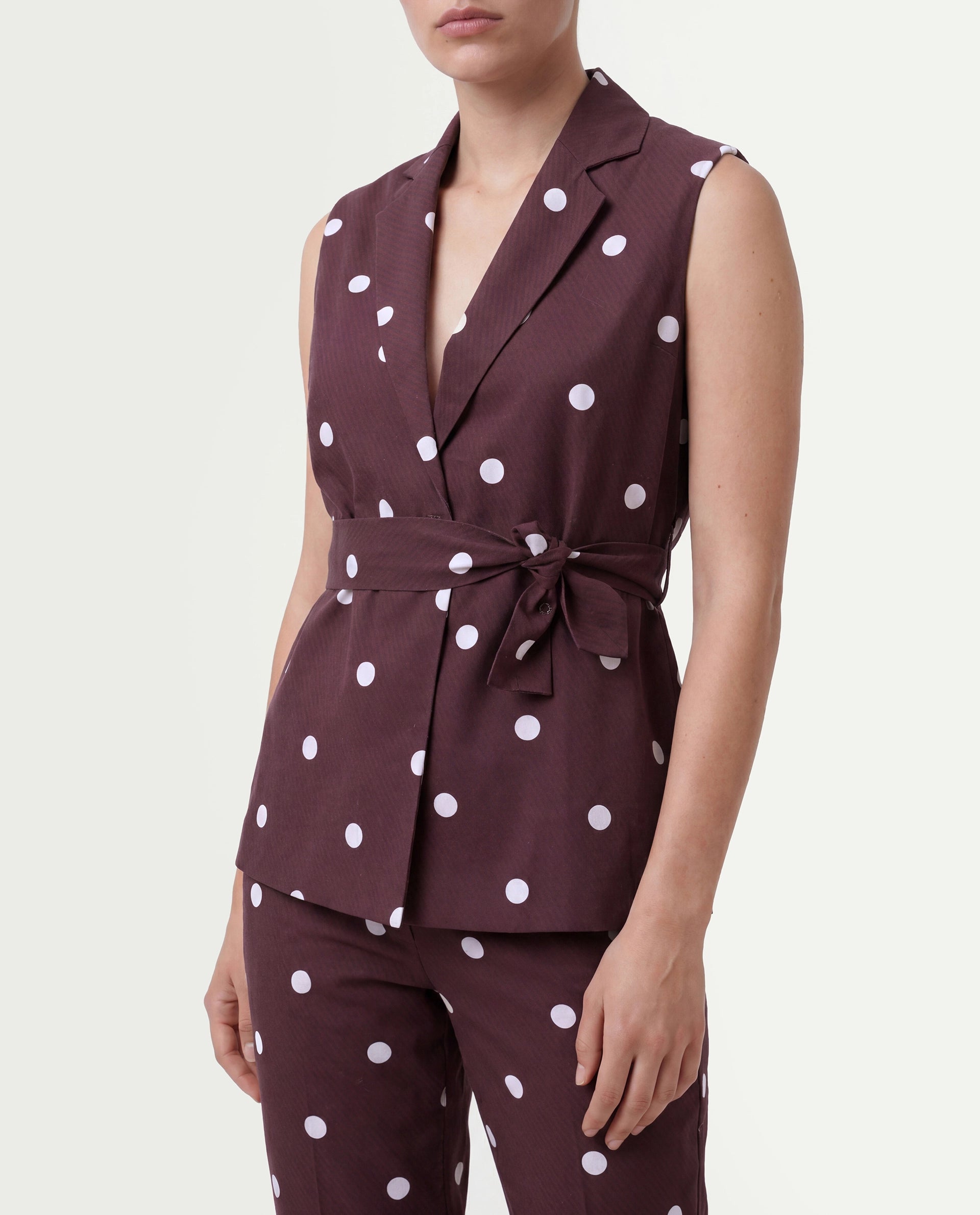 Rareism Women's Polvo-T Maroon Polka Print Cotton Blend Regular Sleeveless Top