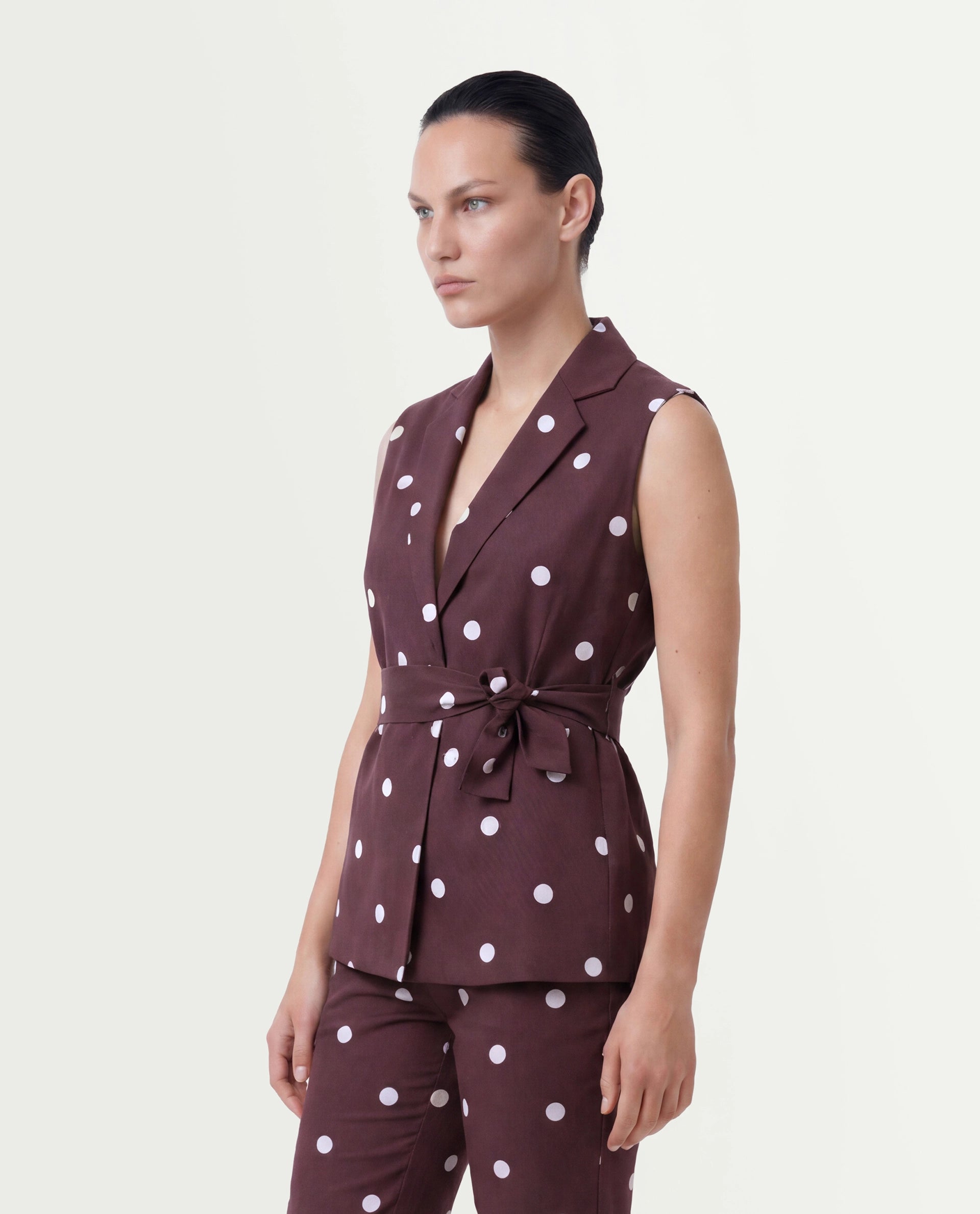 Rareism Women's Polvo-T Maroon Polka Print Cotton Blend Regular Sleeveless Top