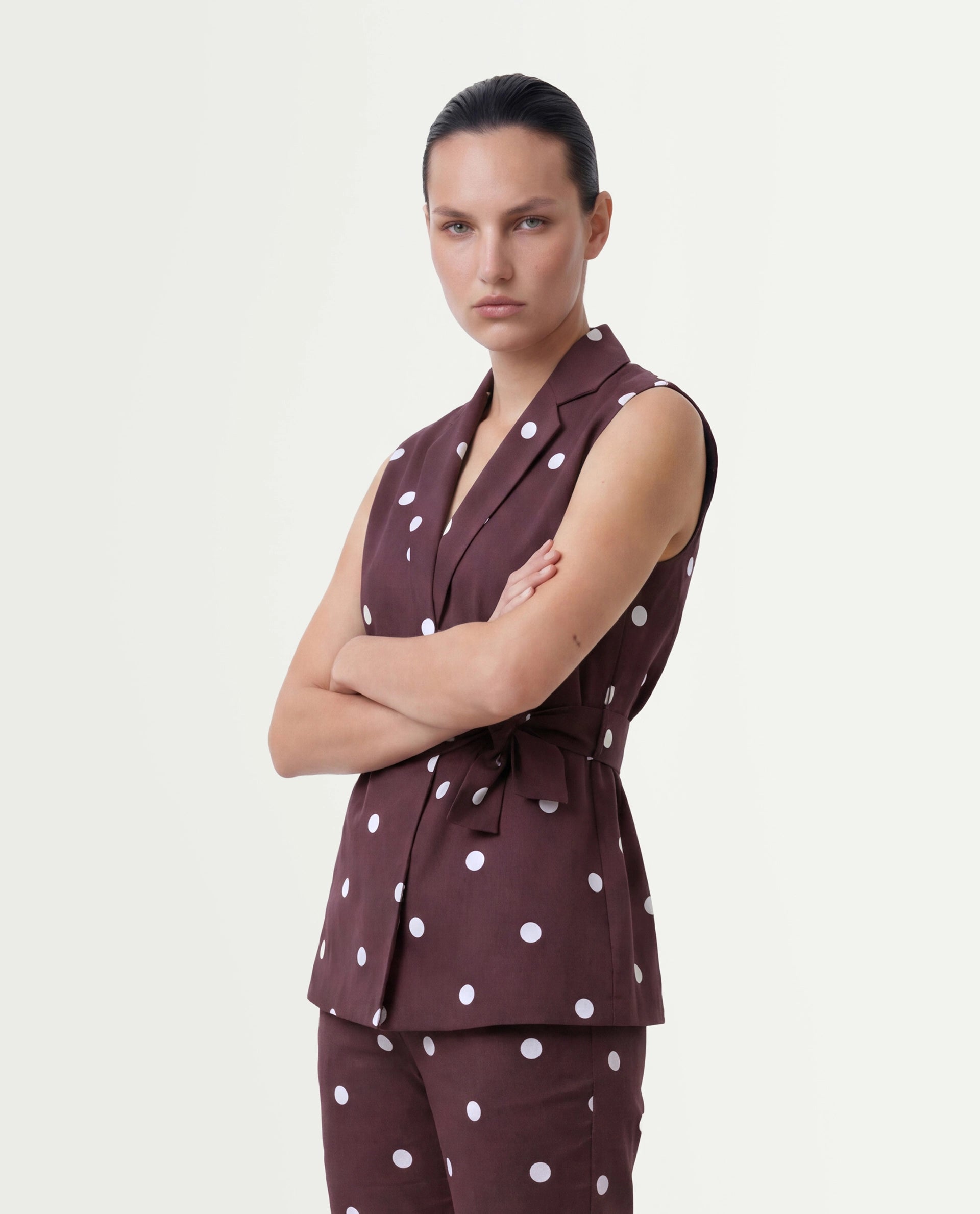 Rareism Women's Polvo-T Maroon Polka Print Cotton Blend Regular Sleeveless Top