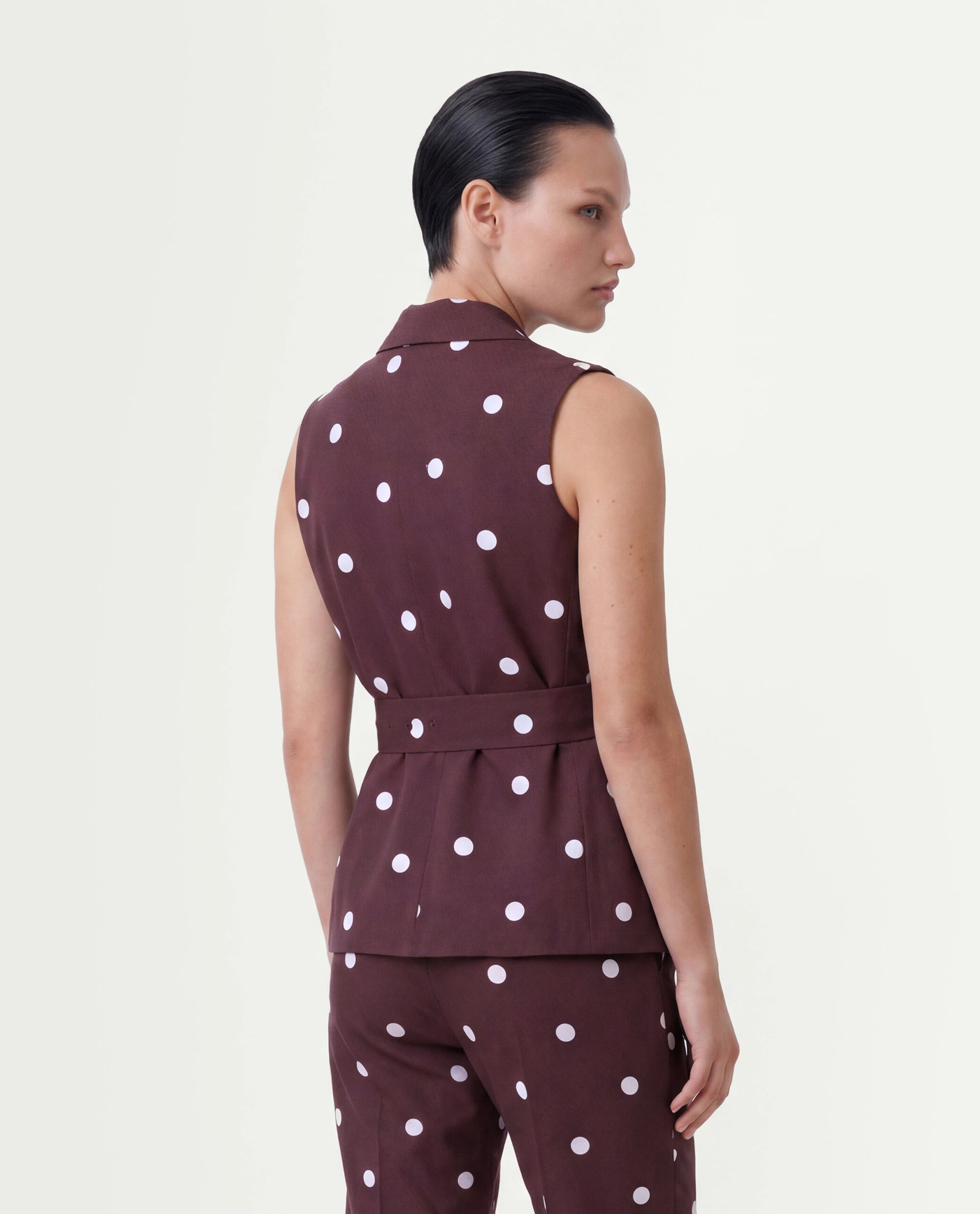 Rareism Women's Polvo-T Maroon Polka Print Cotton Blend Regular Sleeveless Top